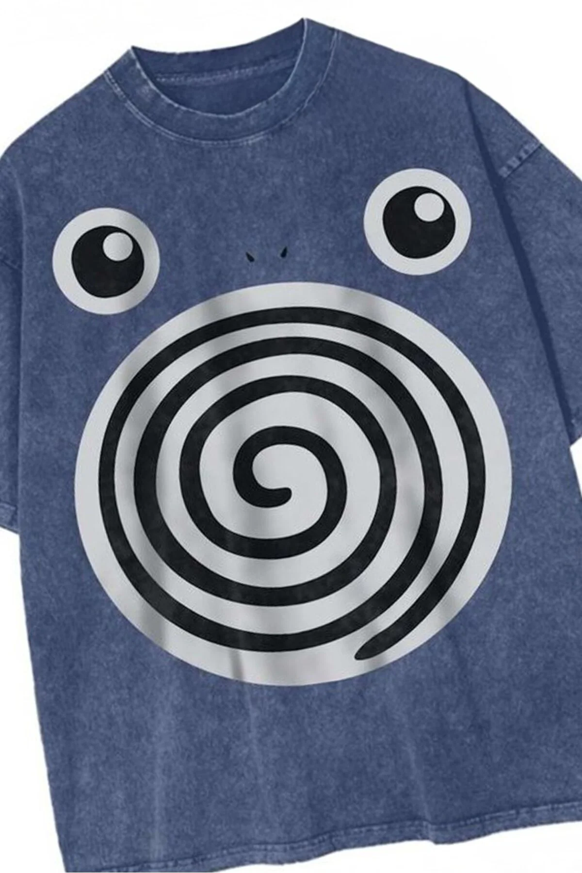 Lacivert Yıkamalı Poliwag Pokemon Unisex T-Shirt