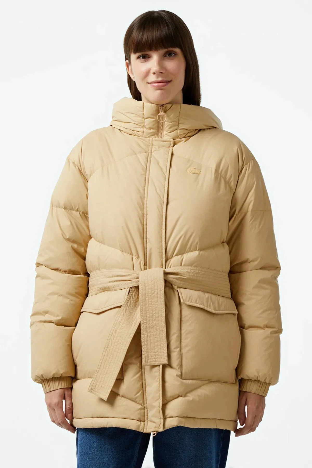 Lacoste Dik Yaka Kapitone Down Fill Jacket Dik Yaka Kapişonlu Kaz Tüyü Kadın Mont Bej