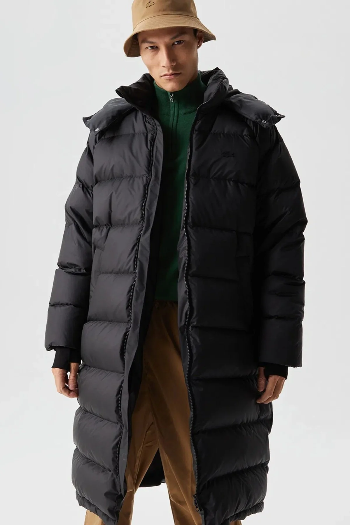 Lacoste Down Fill Parka Uzun Boy Kaz Tüyü Dolgulu Çıkartılabilir Kapüşonlu Erkek Parka Siyah