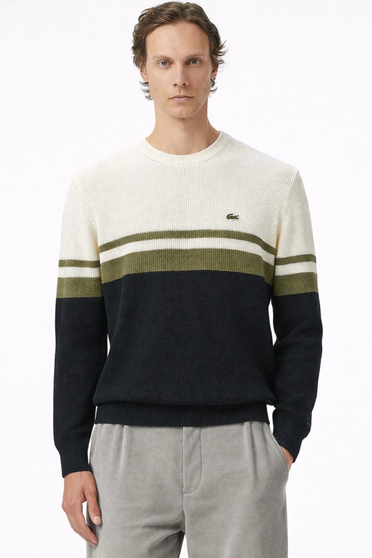 Lacoste Erkek Classic Fit Haroşa Örgü Renk Bloklu %100 Pamuk Lacivert Bej Haki Kazak Fiyatı, Yorumları ve Özellikleri