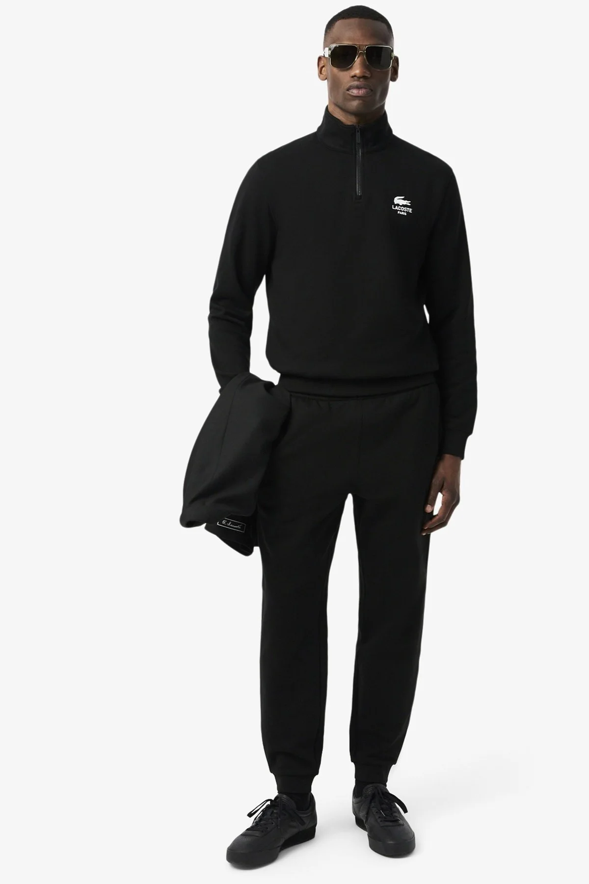 Lacoste High Neck Zip-Up Print Unisex Sweatshirt Fermuarlı Yüksek Yaka Pamuklu Sweatshirt Siyah