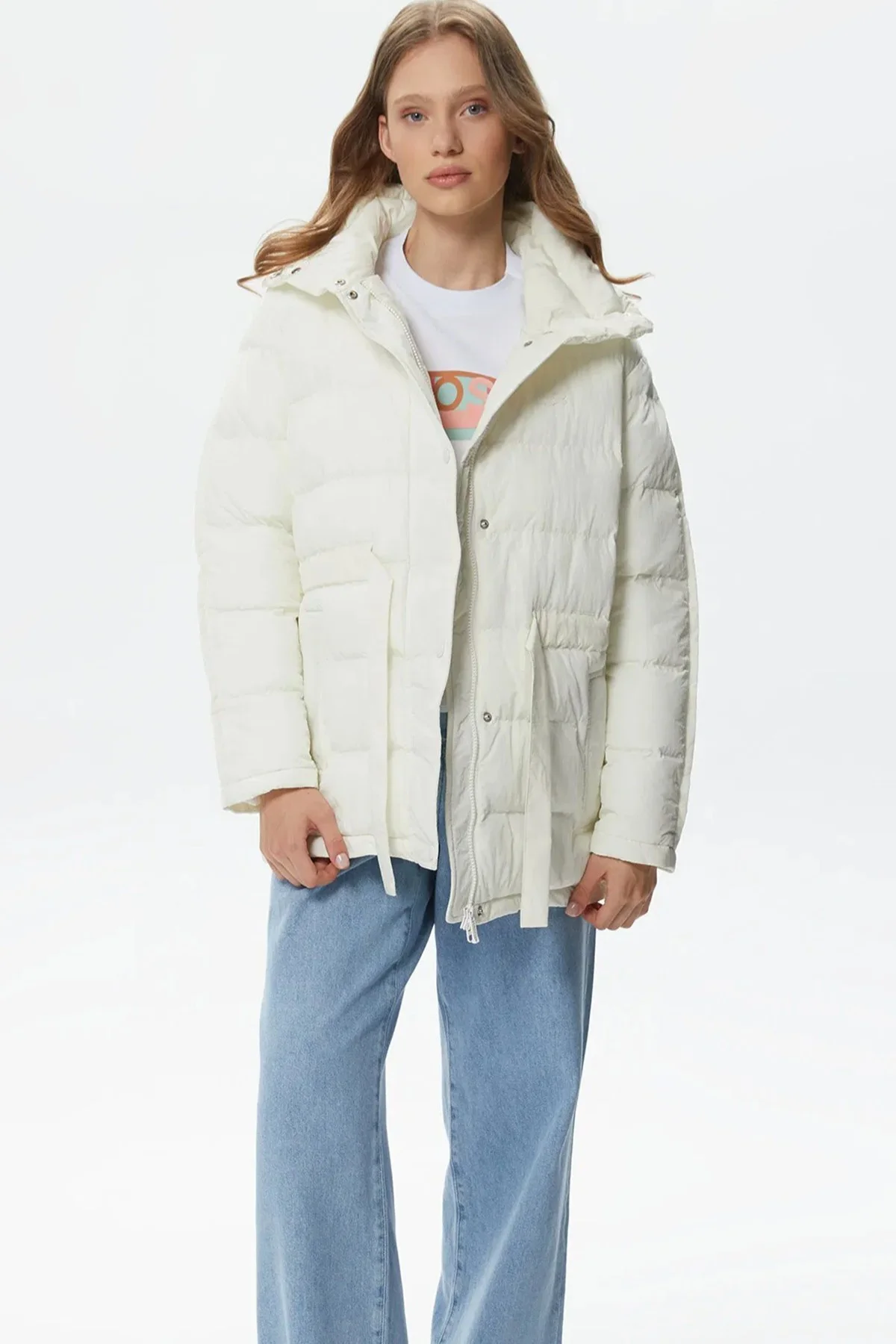 Lacoste Kapitone Syntetic Fill Jacket Dik Yaka Krem Kadın Mont