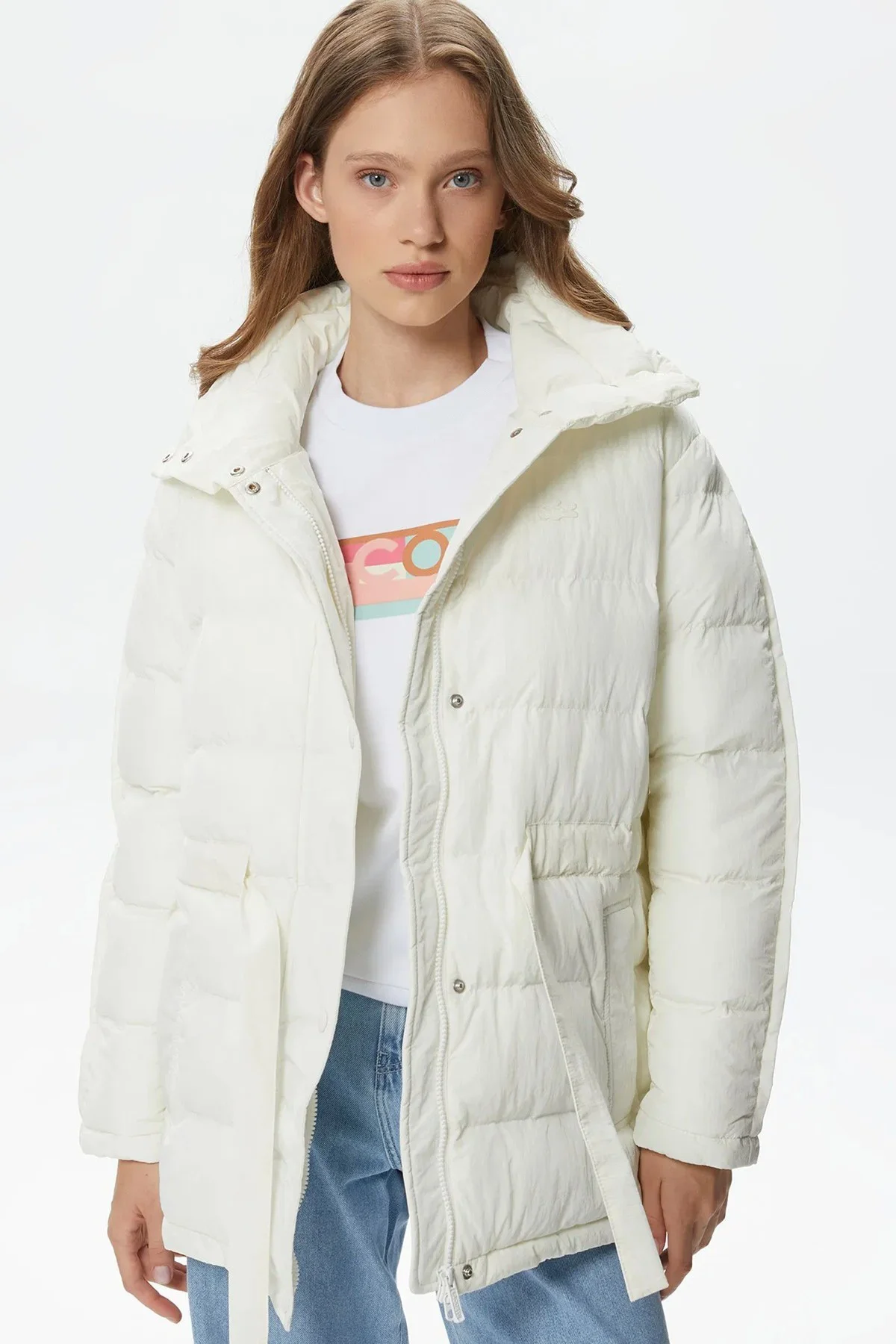 Lacoste Kapitone Syntetic Fill Jacket Dik Yaka Krem Kadın Mont