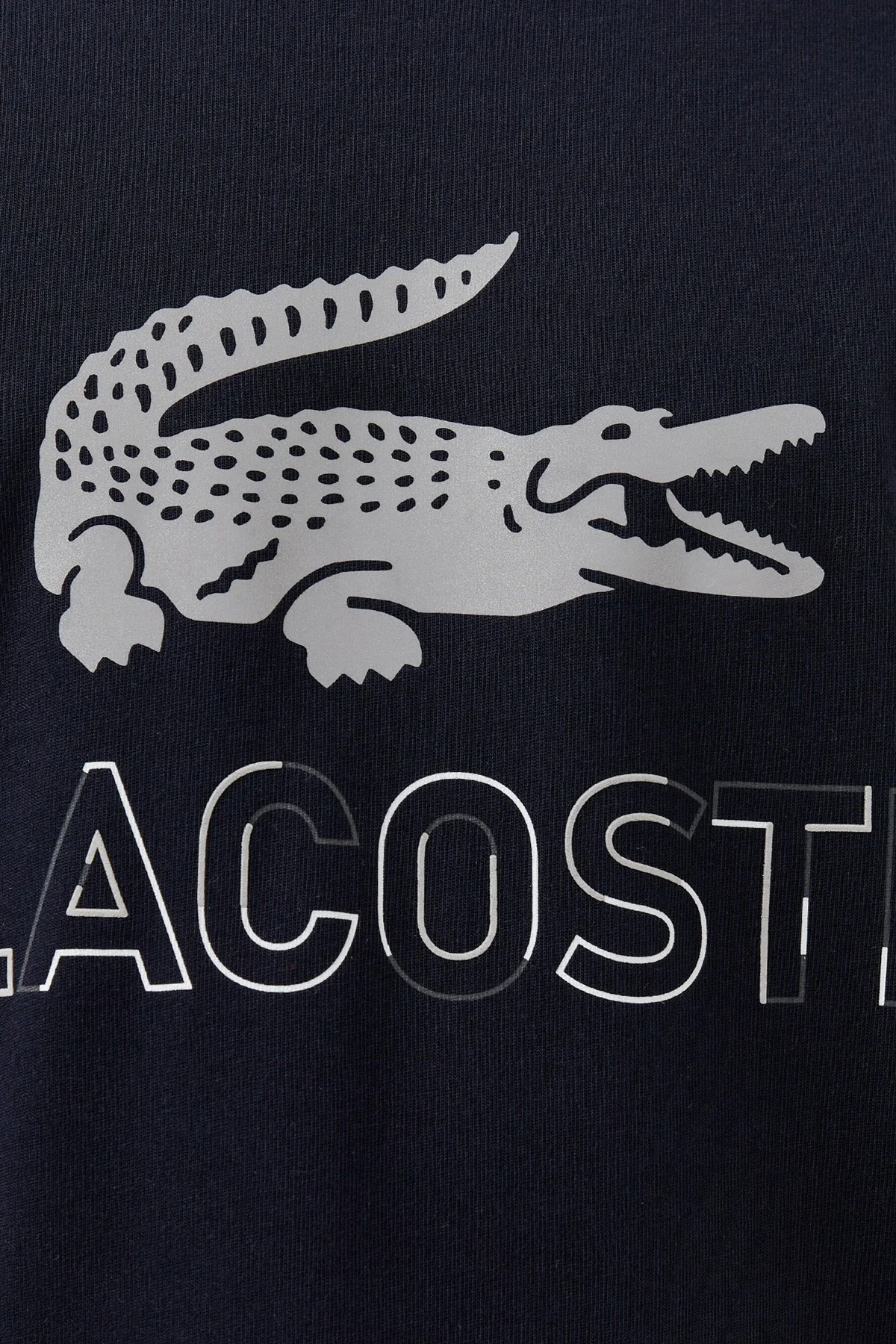 Lacoste Men's Loose Fit Navy Tshirt Pamuklu Geniş Kalıp Reflektörlü Bisiklet Yaka Baskılı Erkek Tişört Lacivert