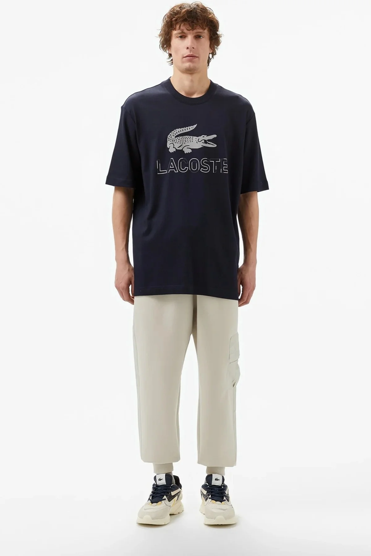 Lacoste Men's Loose Fit Navy Tshirt Pamuklu Geniş Kalıp Reflektörlü Bisiklet Yaka Baskılı Erkek Tişört Lacivert