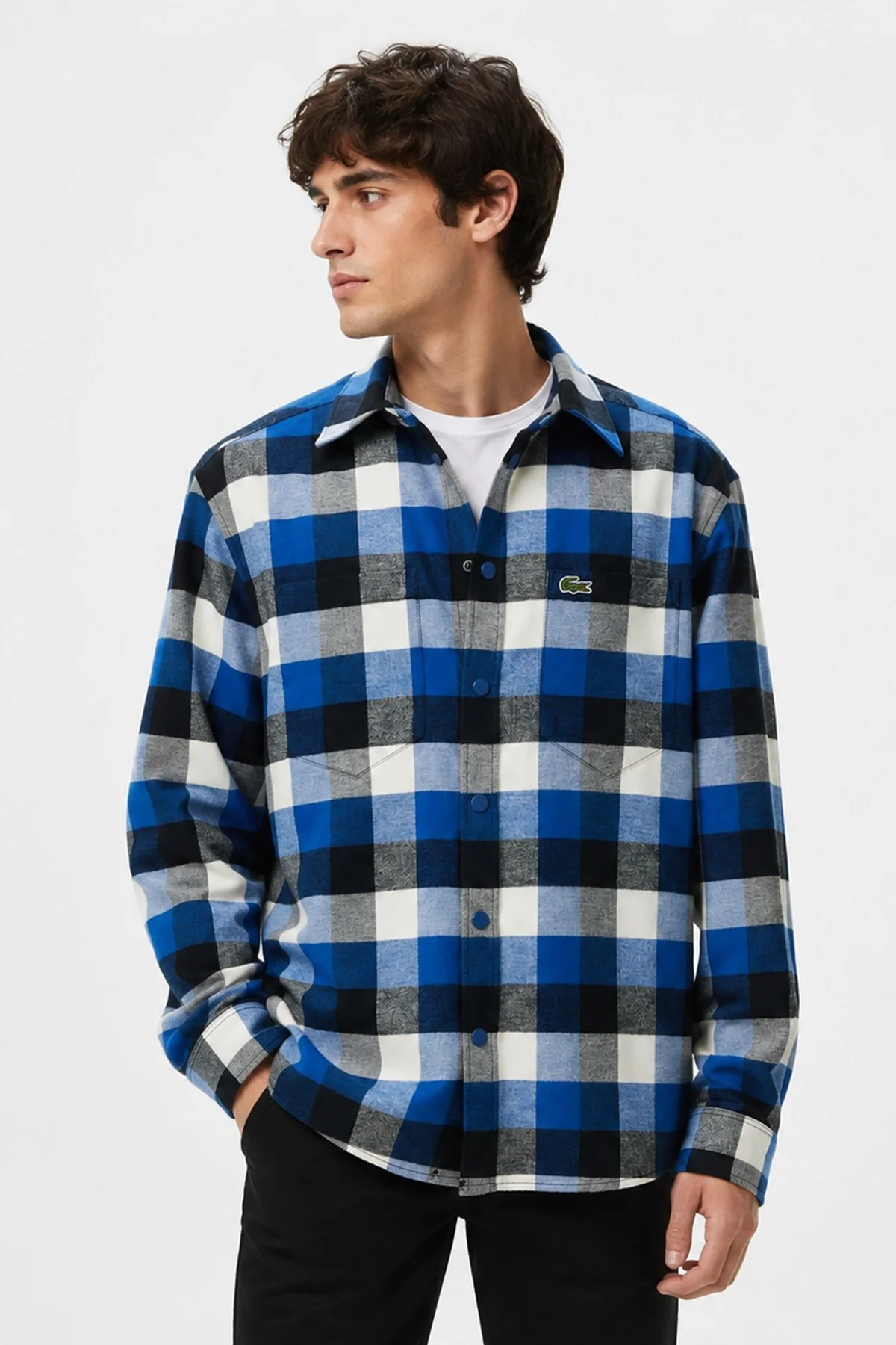 Lacoste Men's Loose Fit Button-Down Linen Shirt  Rahat Kesim Pamuklu Kareli Erkek Gömlek Mavi