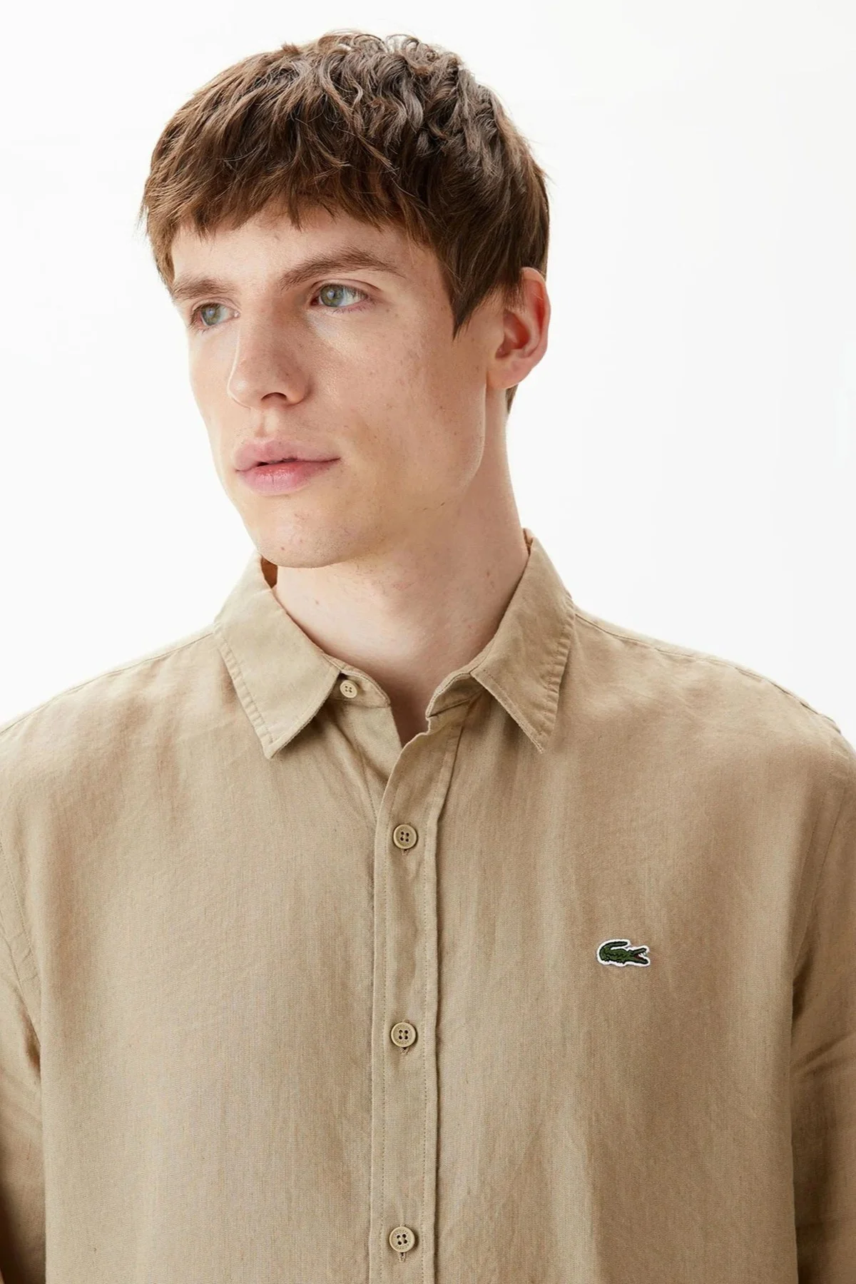 Lacoste Men's Regular Fit Button-Down Collar Linen Shirt Erkek Düğmeli Yaka Keten Gömlek Bej