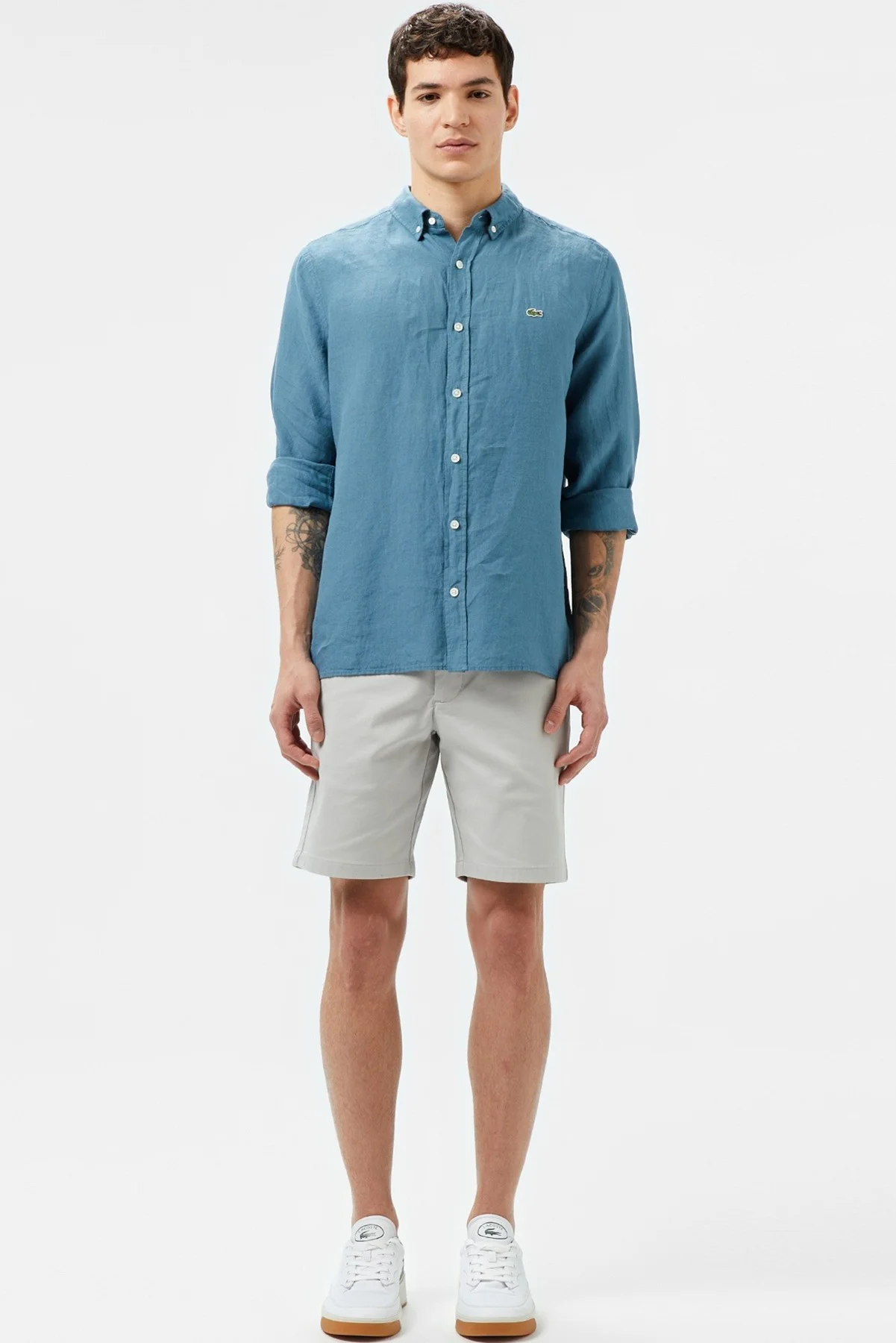 Lacoste Men's Regular Fit Button-Down Collar Linen Shirt Blue Erkek Düğmeli Yaka Keten Gömlek Mavi