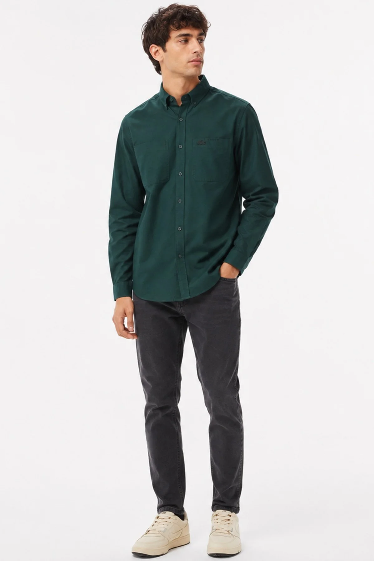 Lacoste Men's Regular Fit Button-Down Collar Linen Shirt Yellow Erkek Düğmeli Yaka Pamuklu Gömlek Yeşil