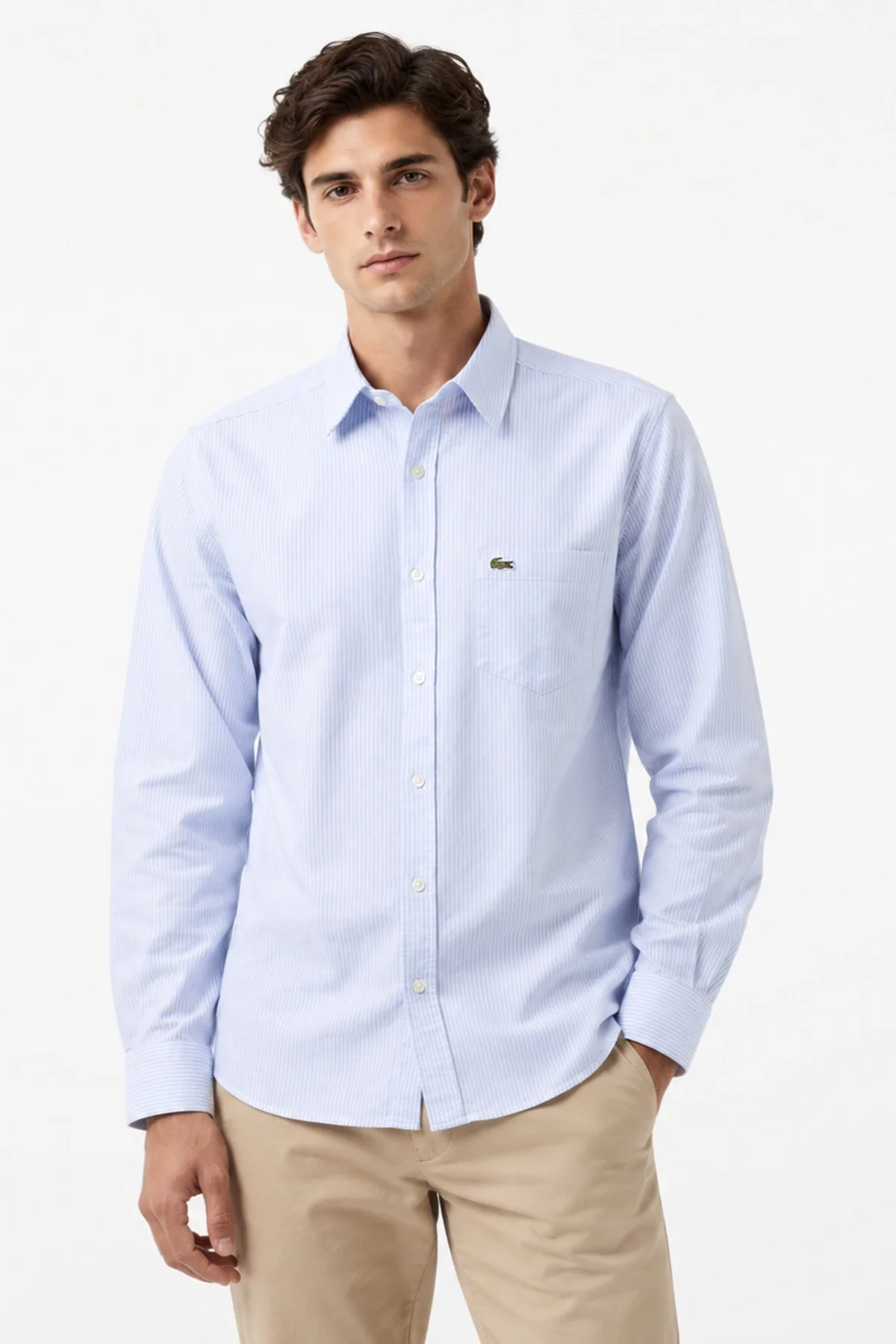 Lacoste Men's Regular Fit Shirt Organik Pamuk Çizgili Erkek Gömlek Açık Mavi