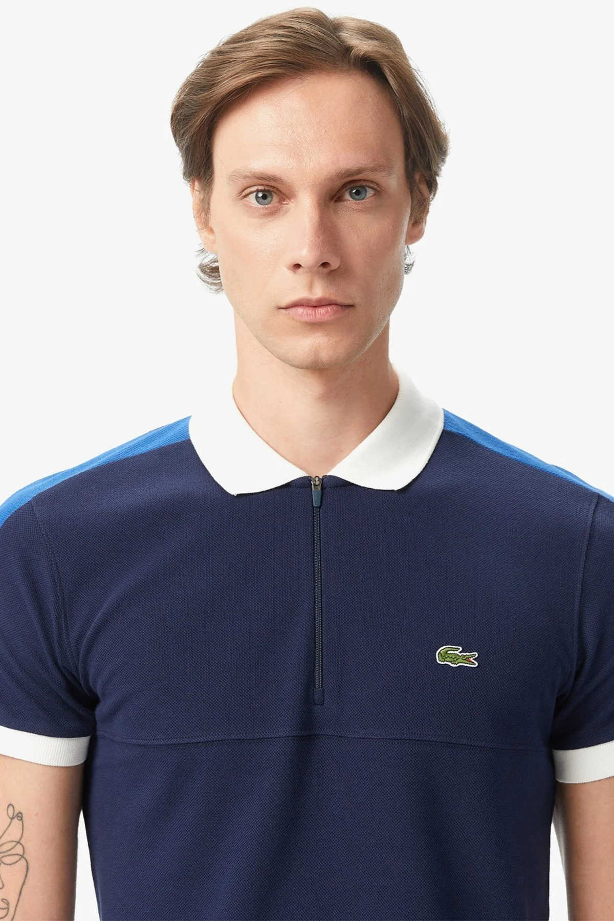 Lacoste Men's Regular Fit Zippered Polo T-shirt Erkek Fermuarlı Polo Yaka Renk Bloklu Tişört Lacivert