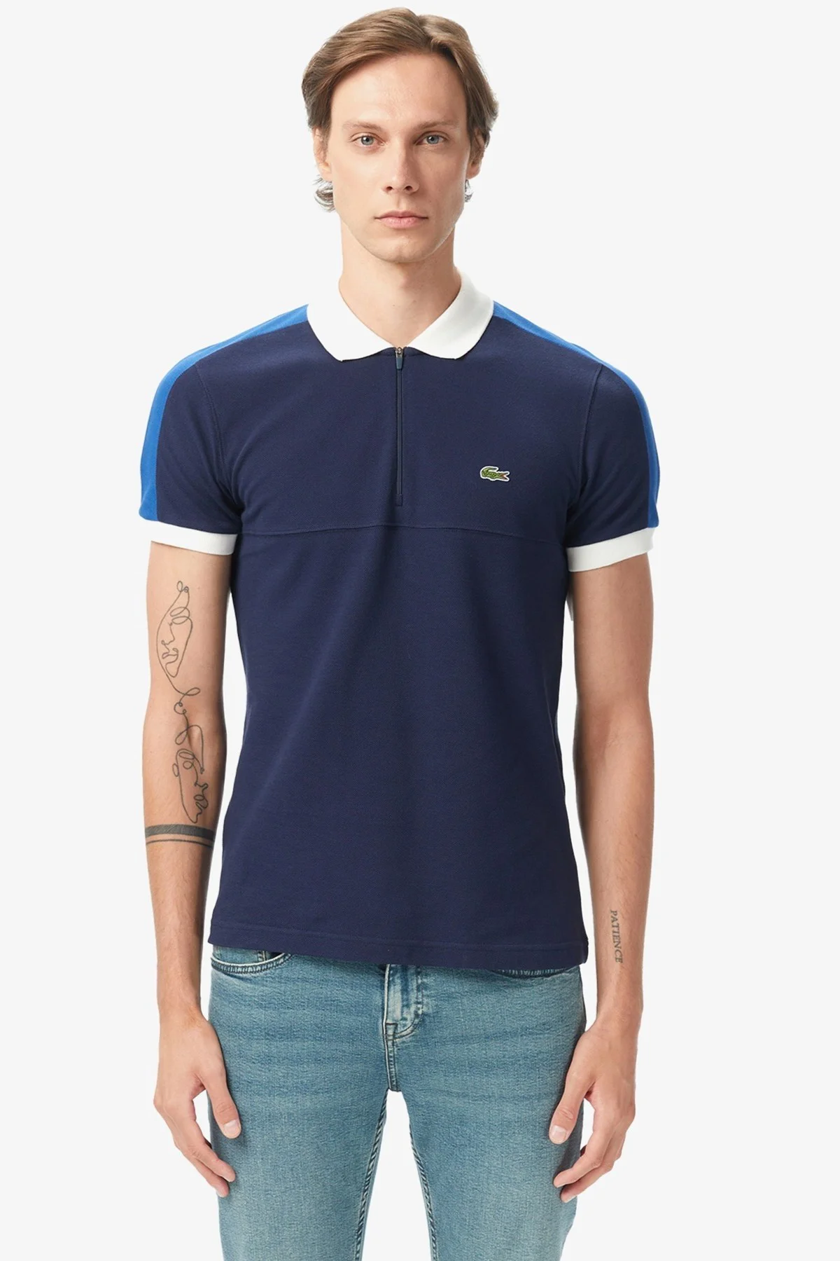 Lacoste Men's Regular Fit Zippered Polo T-shirt Erkek Fermuarlı Polo Yaka Renk Bloklu Tişört Lacivert