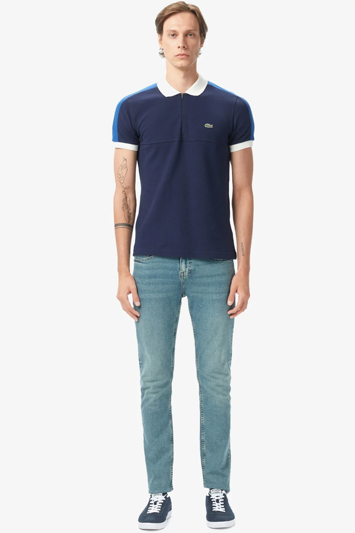 Lacoste Men's Regular Fit Zippered Polo T-shirt Erkek Fermuarlı Polo Yaka Renk Bloklu Tişört Lacivert