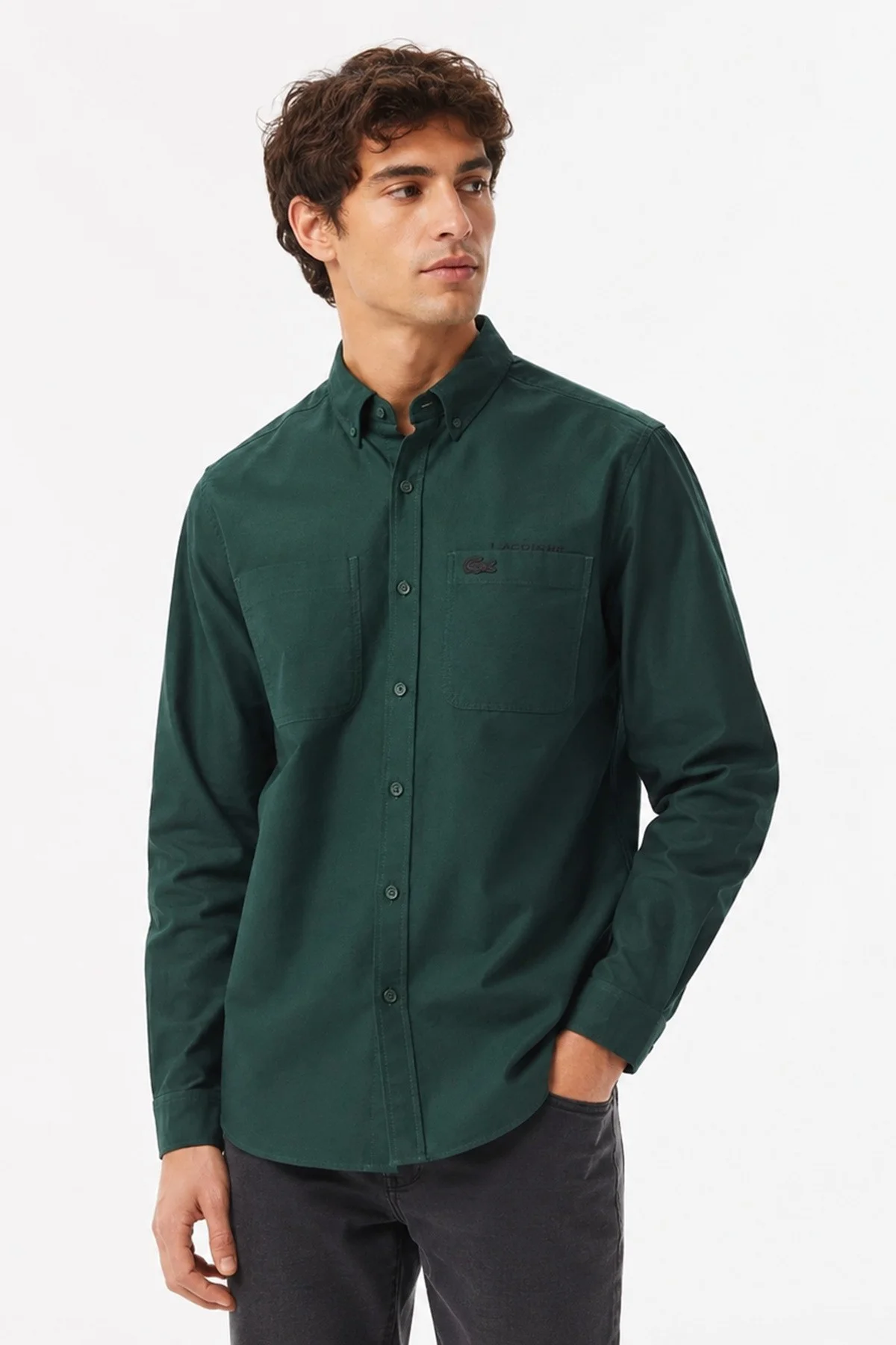 Lacoste Men's Regular Fit Button-Down Collar Linen Shirt Yellow Erkek Düğmeli Yaka Pamuklu Gömlek Yeşil