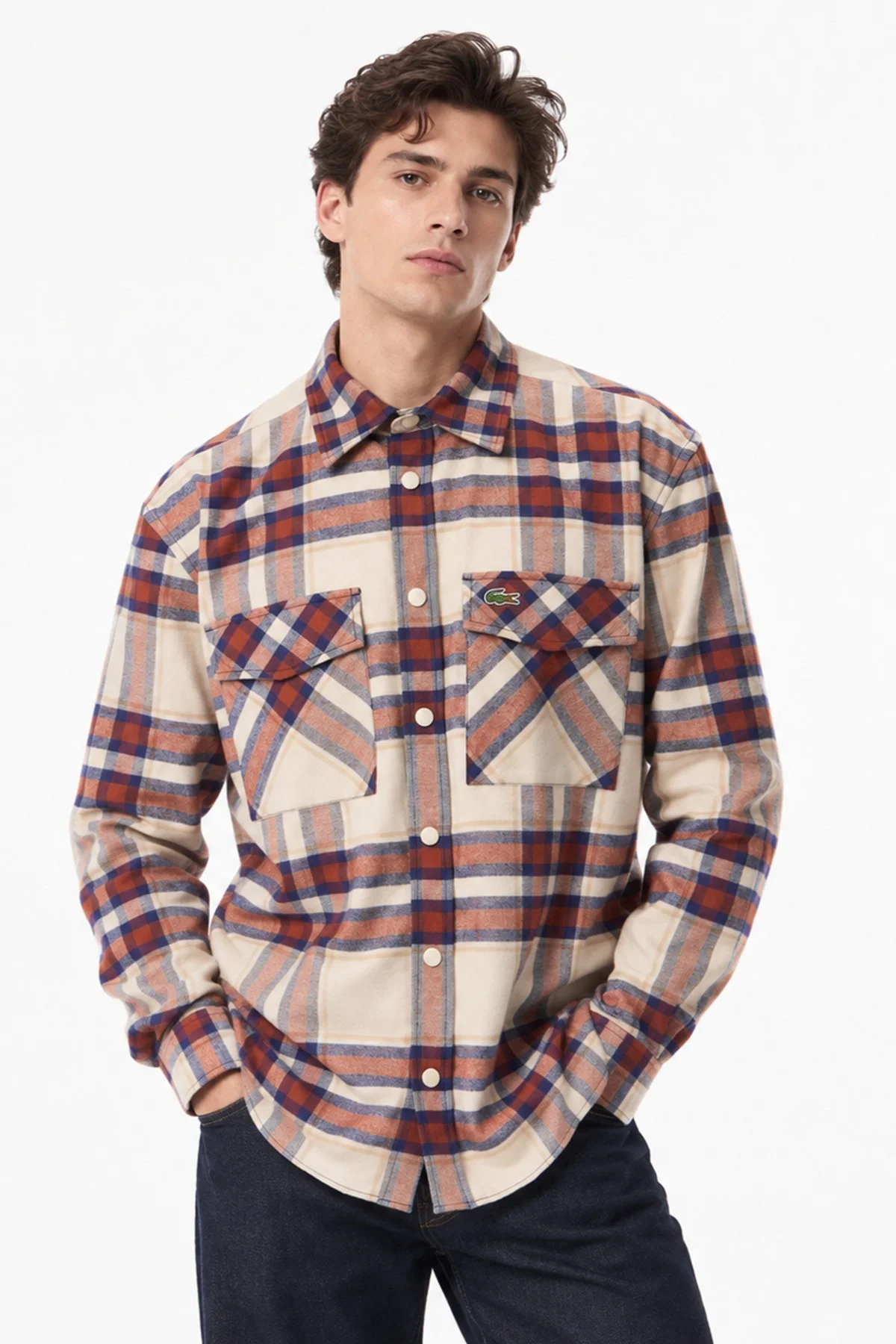 Lacoste Men's Relaxed Fit Button-Down Linen Shirt  Rahat Kesim Pamuklu Kareli Erkek Çıt Çıt Düğmeli Gömlek Turuncu-Krem