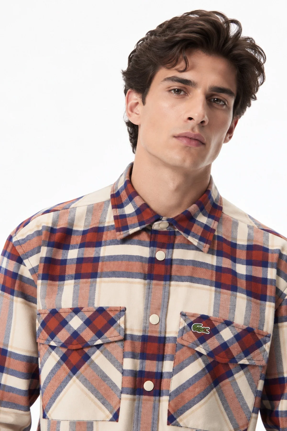 Lacoste Men's Relaxed Fit Button-Down Linen Shirt  Rahat Kesim Pamuklu Kareli Erkek Çıt Çıt Düğmeli Gömlek Turuncu-Krem