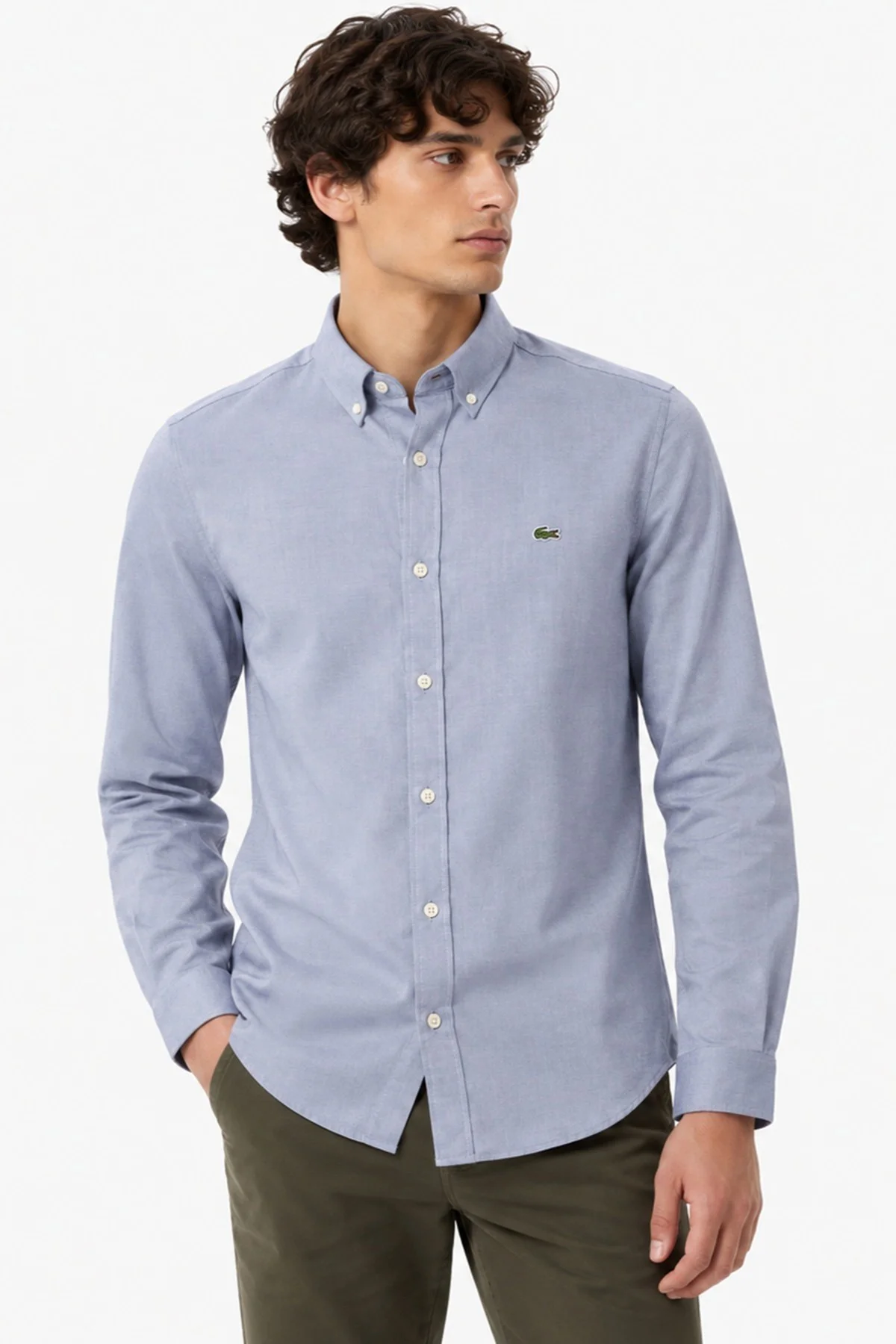Lacoste Mens Slim Fit Gray Cotton Shirt Dar Kesim Pamuklu Erkek Gömlek Gri