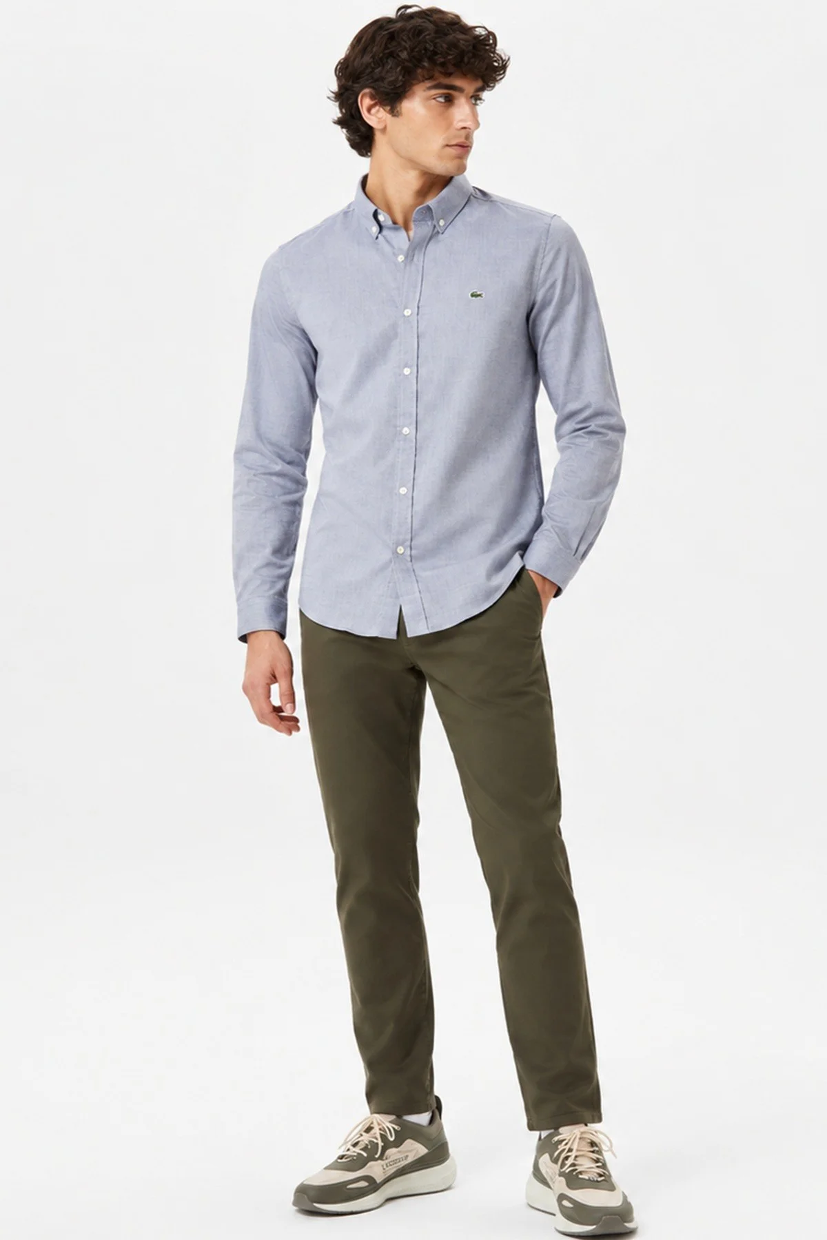 Lacoste Mens Slim Fit Gray Cotton Shirt Dar Kesim Pamuklu Erkek Gömlek Gri