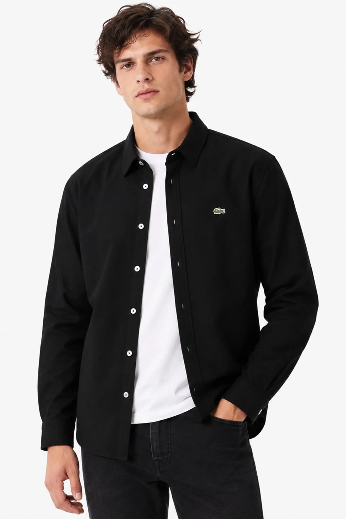 Lacoste Mens Slim Fit White Cotton Shirt Dar Kesim Organik Pamuklu Pike Erkek Gömlek Beyaz