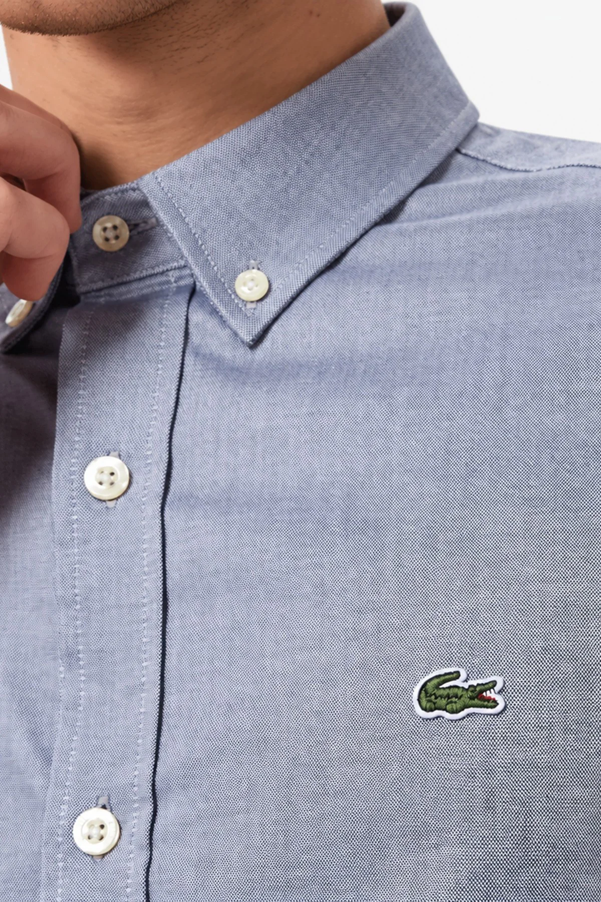 Lacoste Mens Slim Fit Gray Cotton Shirt Dar Kesim Pamuklu Erkek Gömlek Gri