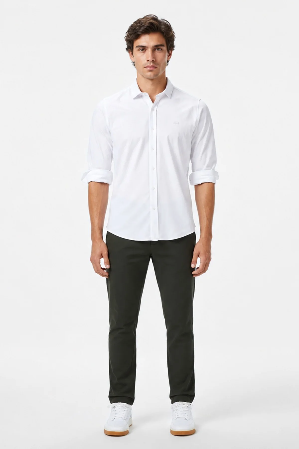 Lacoste Mens Slim Fit White Cotton Shirt Dar Kesim Pamuklu Erkek Gömlek Beyaz