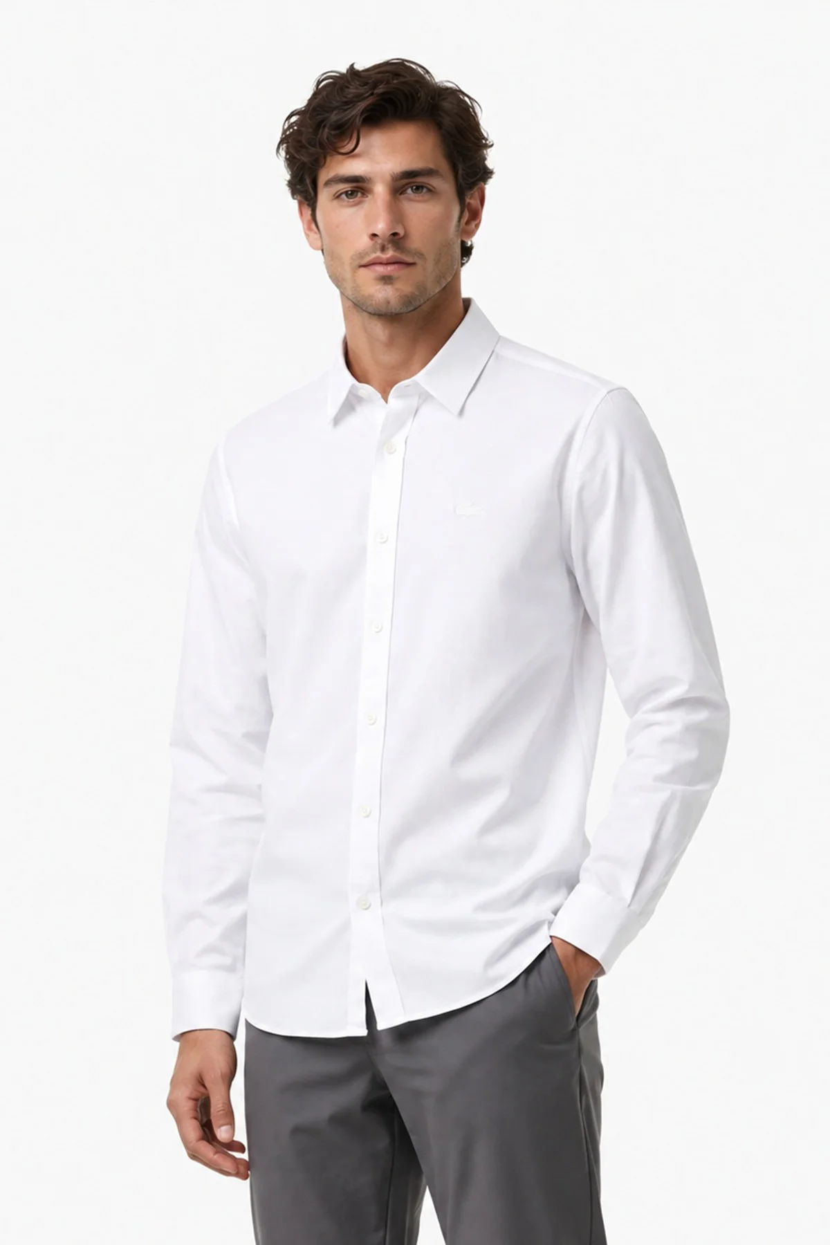 Lacoste Mens Slim Fit White Cotton Shirt Dar Kesim Pamuklu Erkek Gömlek Beyaz