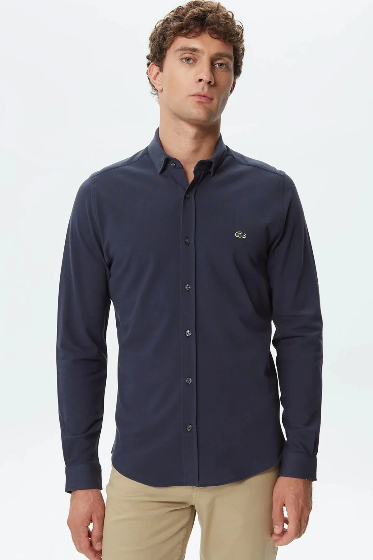 Lacoste Men's Slim Fit Button-Down Collar Linen Shirt Erkek Düğmeli Yaka Pamuklu Gömlek Lacivert