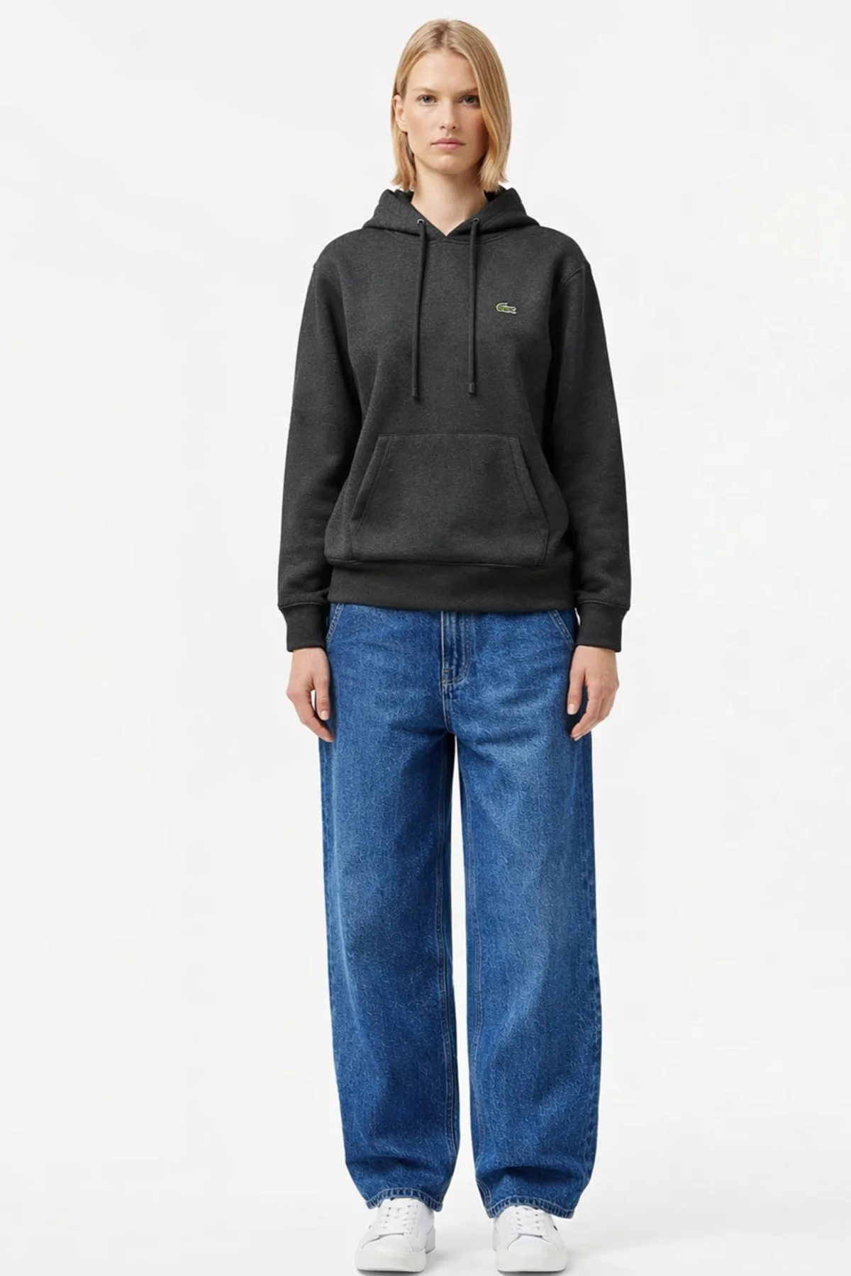 Lacoste Relaxed Fit Kapüşonlu Organik Pamuk Polyester Kadın Sweatshirt Siyah