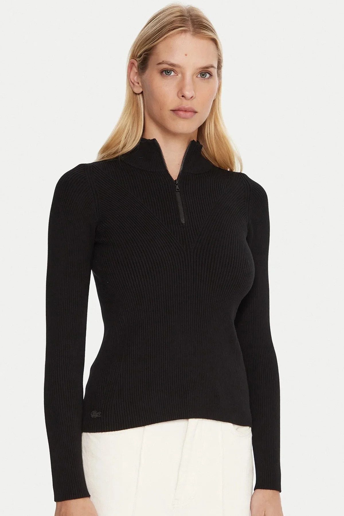 Lacoste Tight Fit High Neck 3D Ribbed Knit Sweater Kadın Dar Kesim Yarım Fermuar Tam Boy Fitilli Kazak Siyah