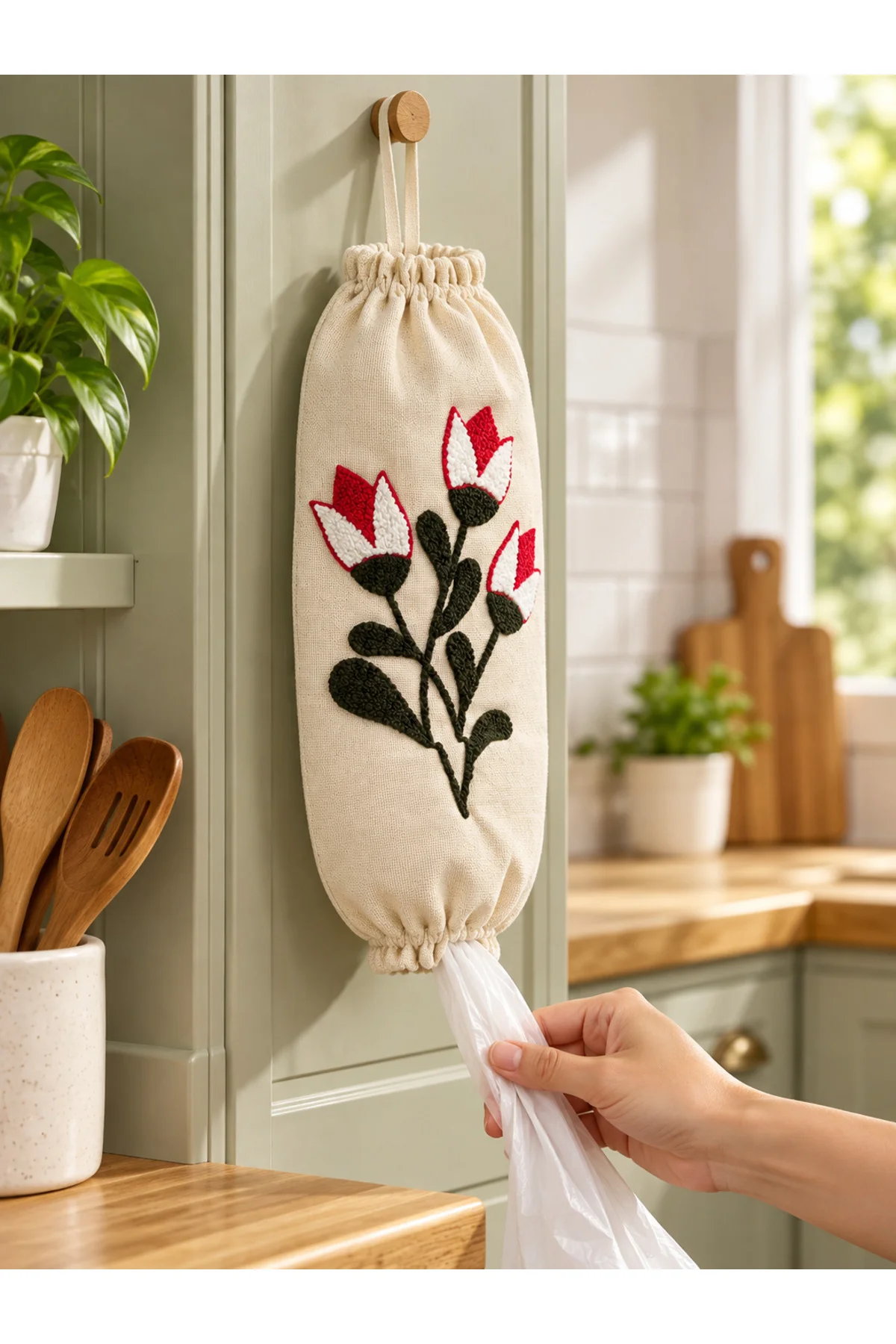 Lale Desenli Punch İşlemeli Askılı Poşetlik%100 Pamuk Mutfak Poşet Düzenleyici 25 × 45 cm