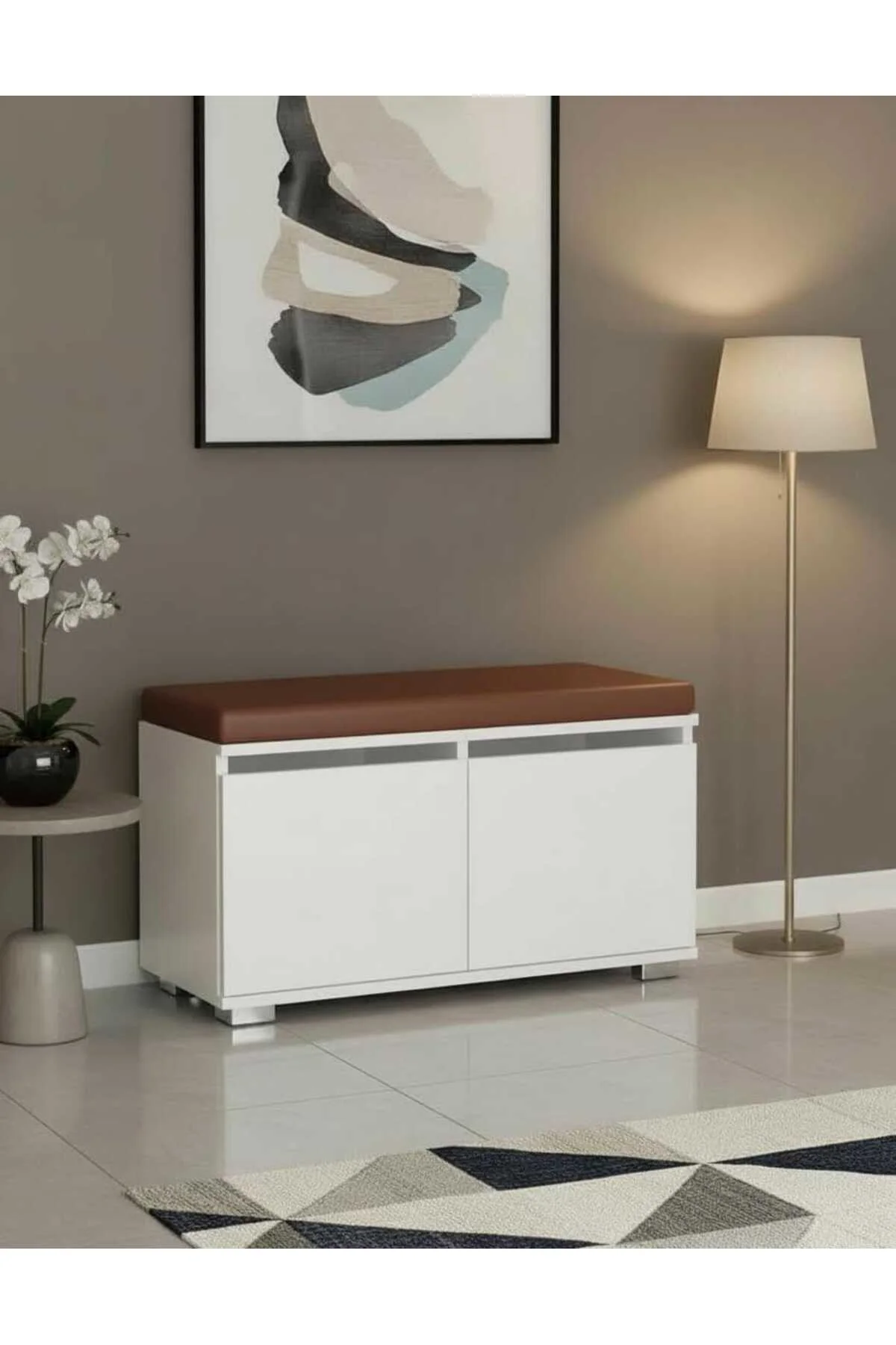 LAMBRATE 80 cm Minderli Oturaklı Ayakkabılık 2 Kapaklı Beyaz Ayak