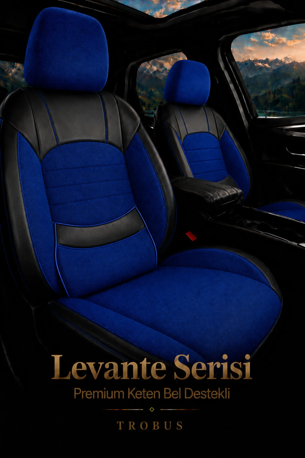 Land Rover Range Rover 2015 ve Sonrası Uyumlu Levante Serisi Bel Destekli Keten Mavi Siyah Koltuk
