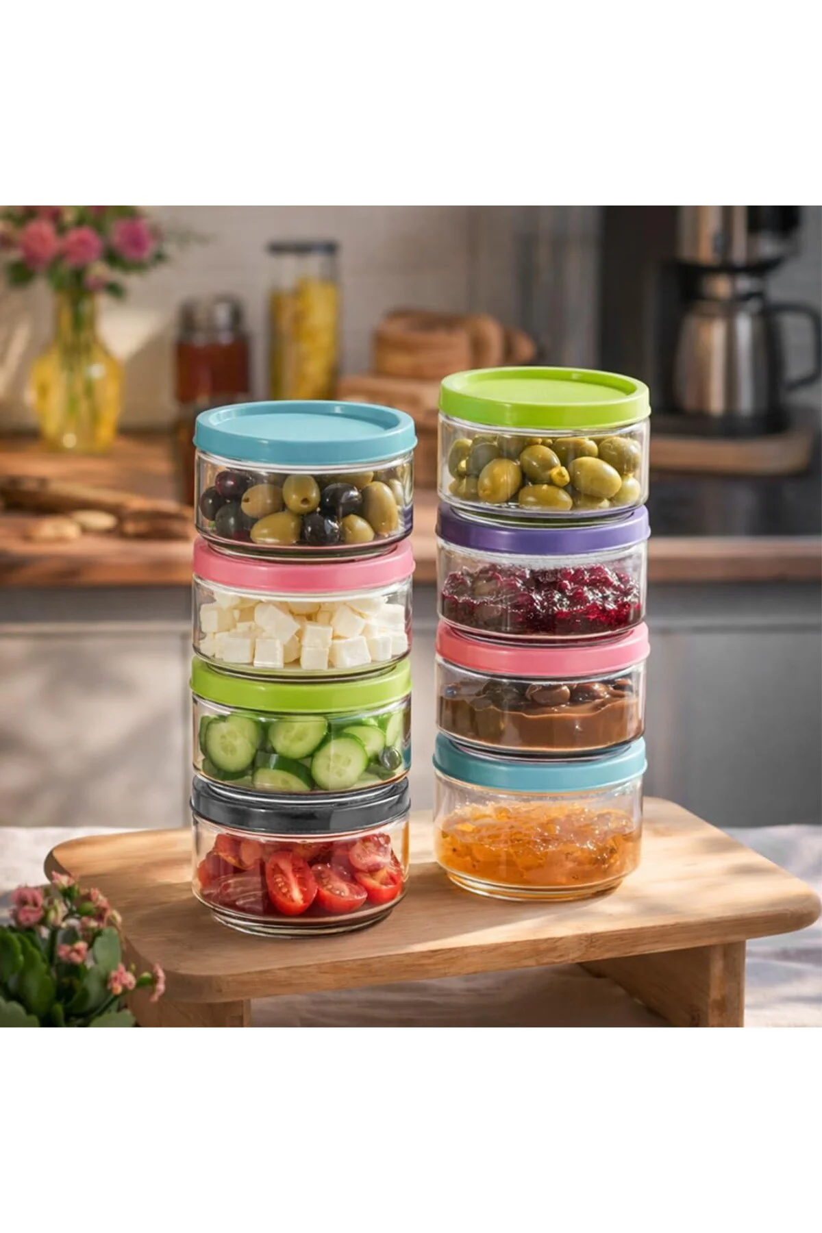 Lapis Düz 8li Hava Geçirmez Cam Kahvaltılık Seti Renkli Kapaklı Saklama Kabı 400ml