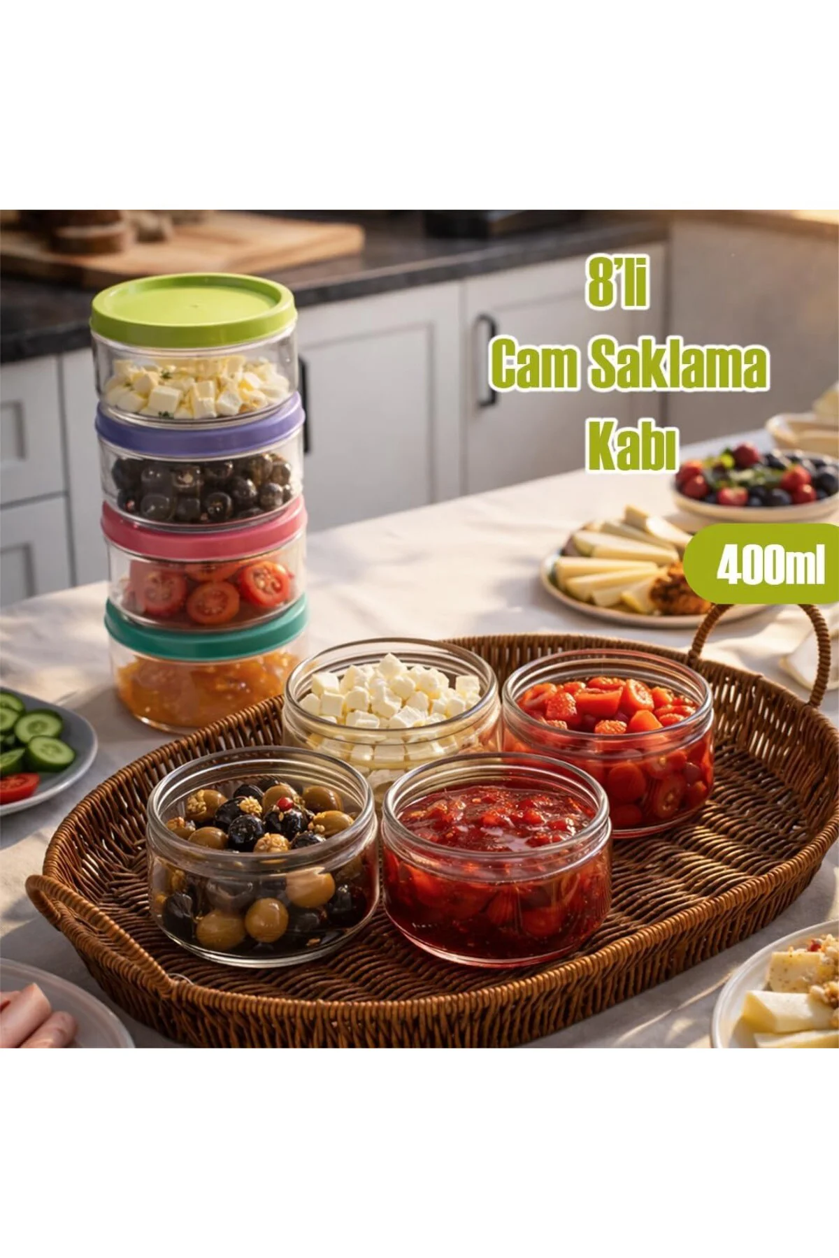 Lapis Düz 8li Hava Geçirmez Cam Kahvaltılık Seti Renkli Kapaklı Saklama Kabı 400ml