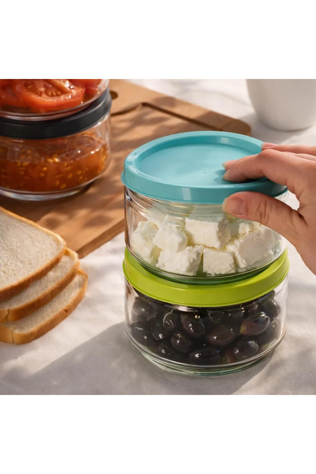 Lapis Düz 8li Hava Geçirmez Cam Kahvaltılık Seti Renkli Kapaklı Saklama Kabı 400ml