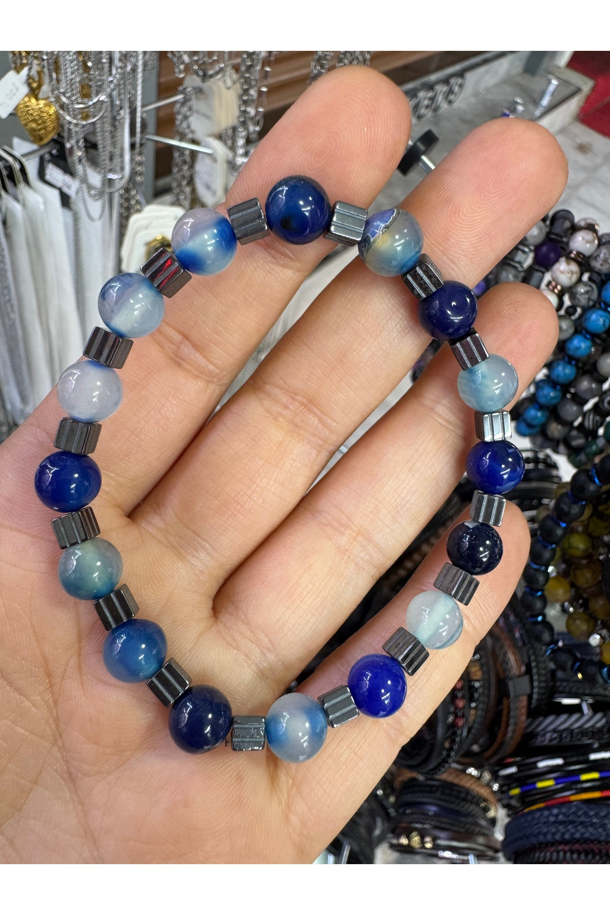 Lapis luzuli ve hematit doğal tas erkek bilekligi