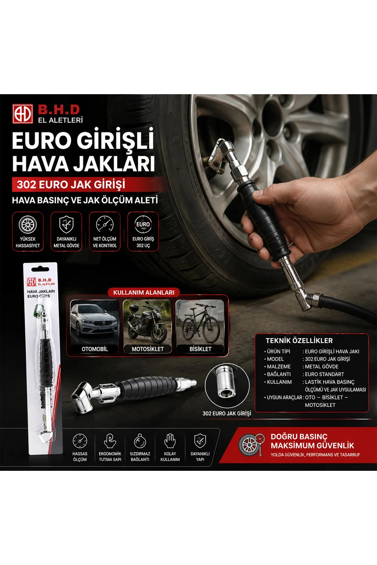 Lastik Hava Basınç Ölçer - Oto/Bisiklet/Motosiklet/Bot