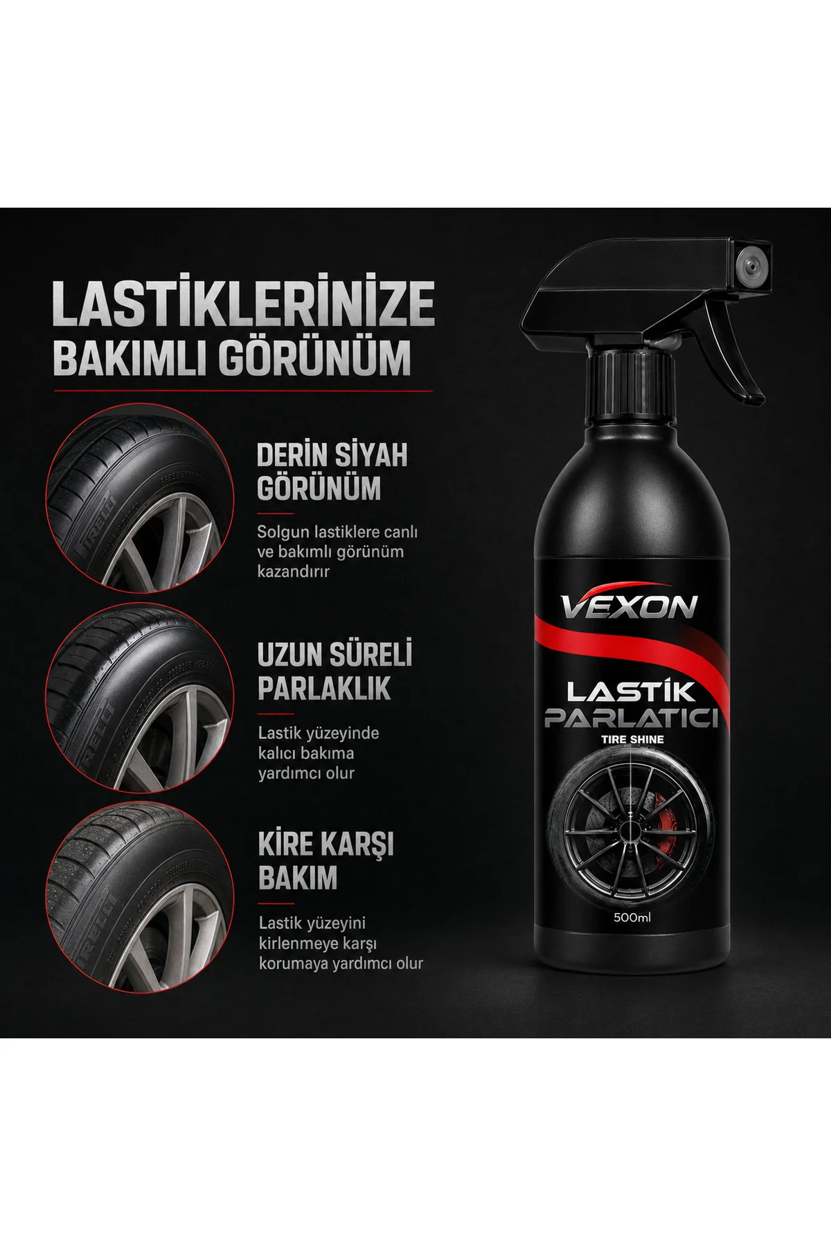 Lastik Parlatıcı 500 ml ve Uygulama Süngeri Seti – Oto Lastik Bakım ve Parlatma Seti