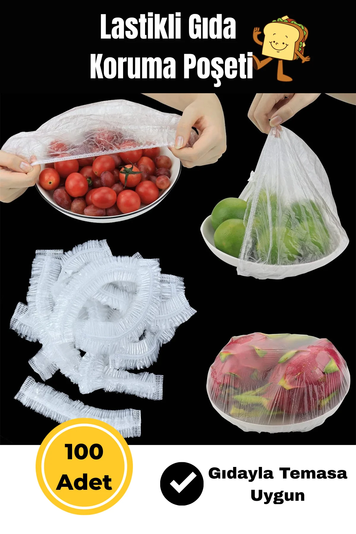 Lastikli Buzdolabı Poşeti 100 Adet - Kullan At Gıda Bonesi Strech Kapak -Tabak Bonesi