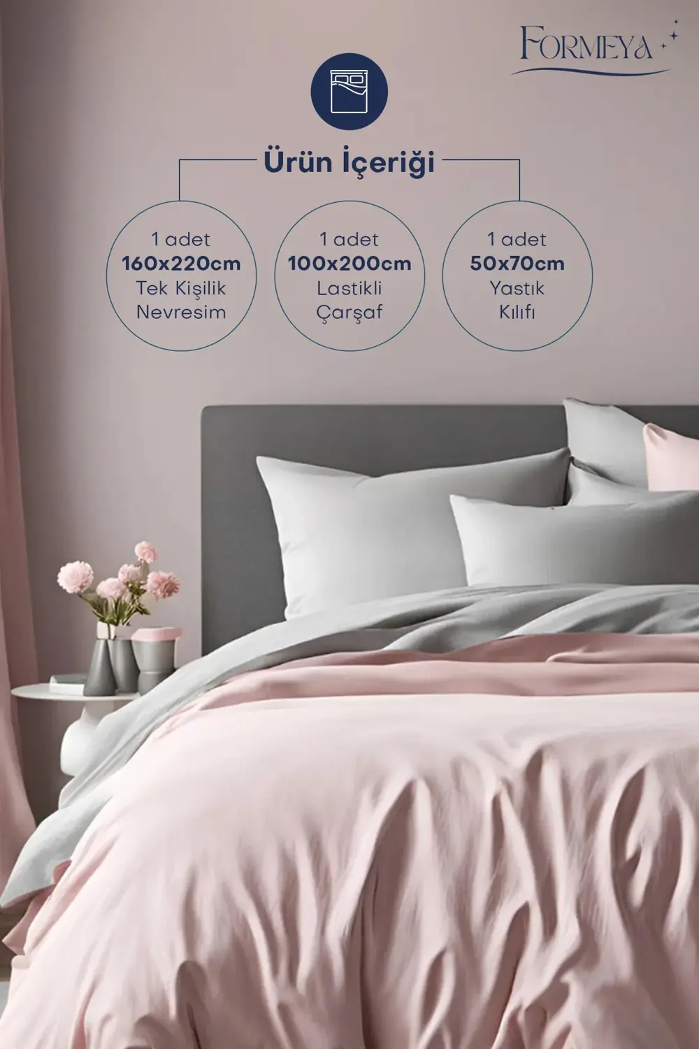 Lastikli Çarşaflı Nevresim Takımı Tek Kişilik ( 1 Adet Yastık Kıl