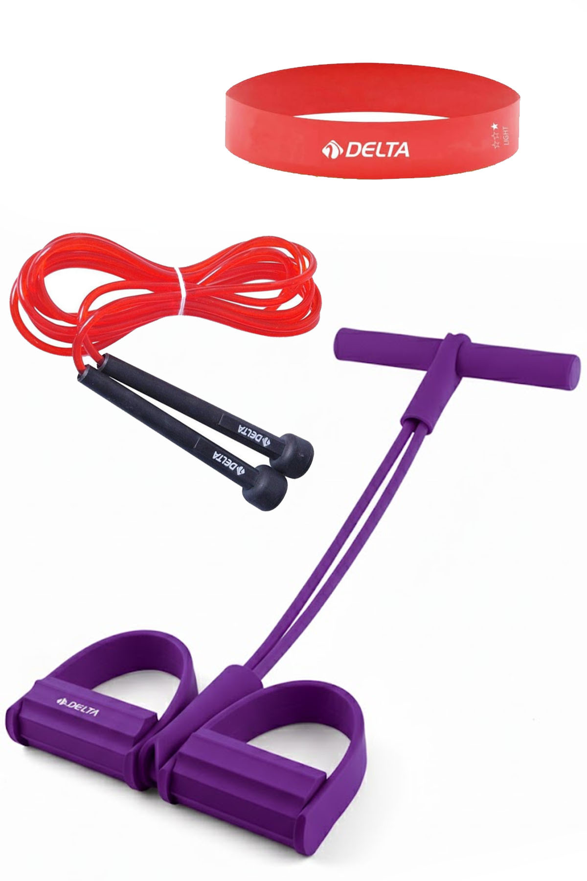 Delta Lastikli Egzersiz Seti | Atlama İpi + Aerobik Squat Bandı | Karın