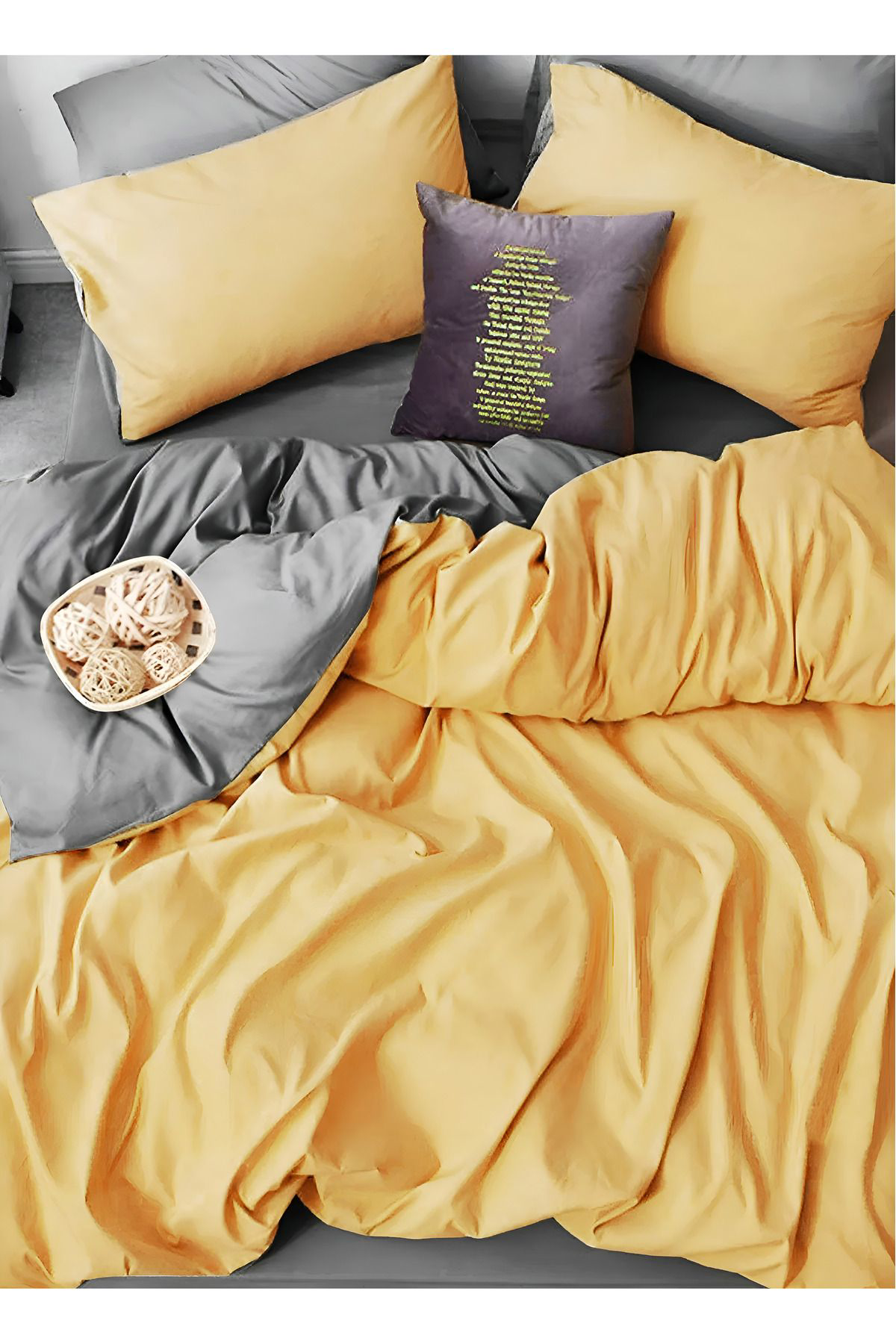 Beautiful Bird Lastikli Nevresim Takımı Tek Kişilik Set Sarı - Gri