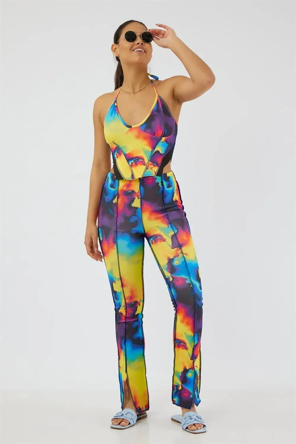 Lastikli Yüksek Bel Paçası Yırtmaçlı Ters Pis Dikiş Slimline Ispa