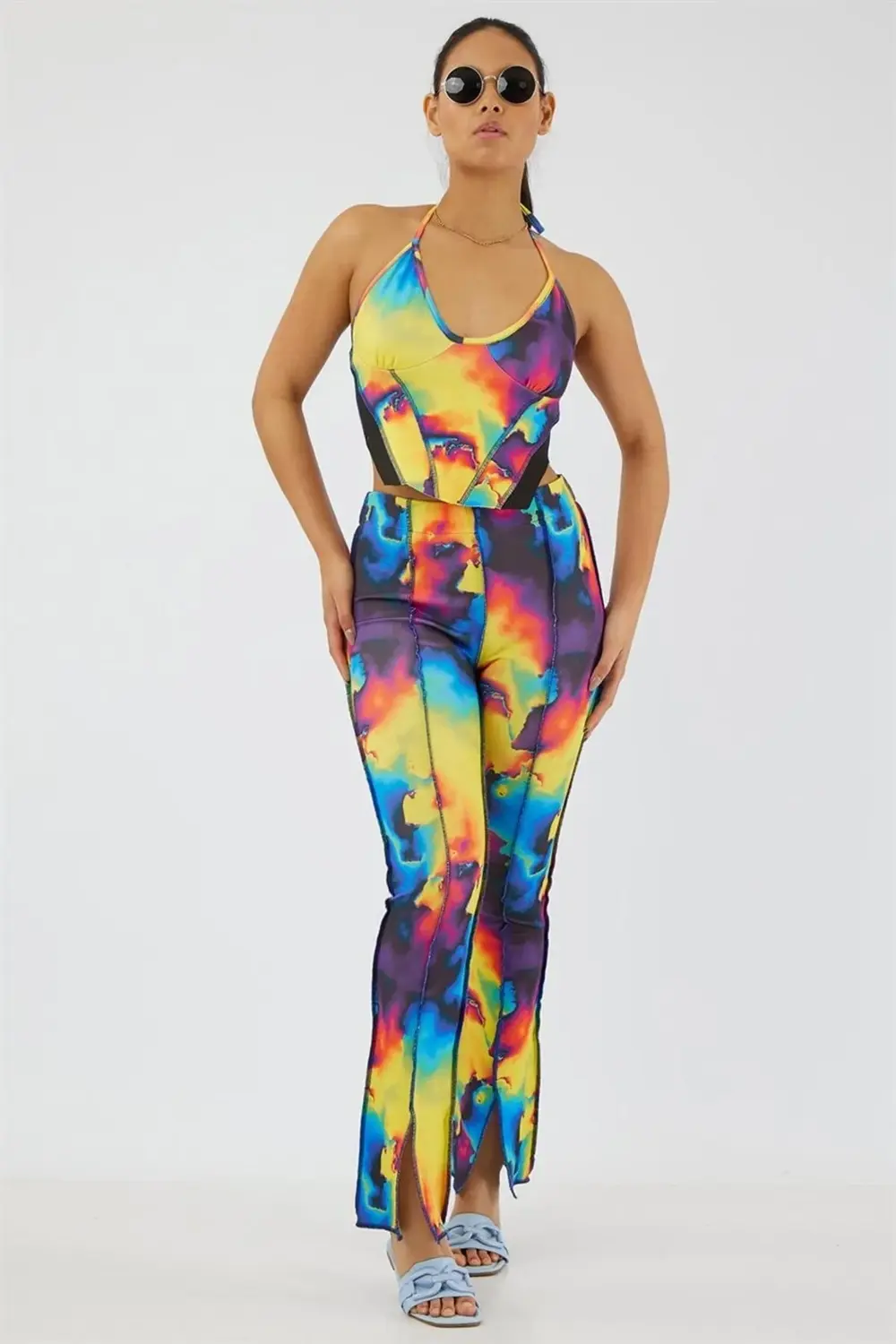 Lastikli Yüksek Bel Paçası Yırtmaçlı Ters Pis Dikiş Slimline Ispa