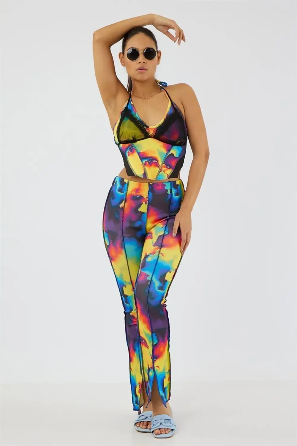 Lastikli Yüksek Bel Paçası Yırtmaçlı Ters Pis Dikiş Slimline Ispa