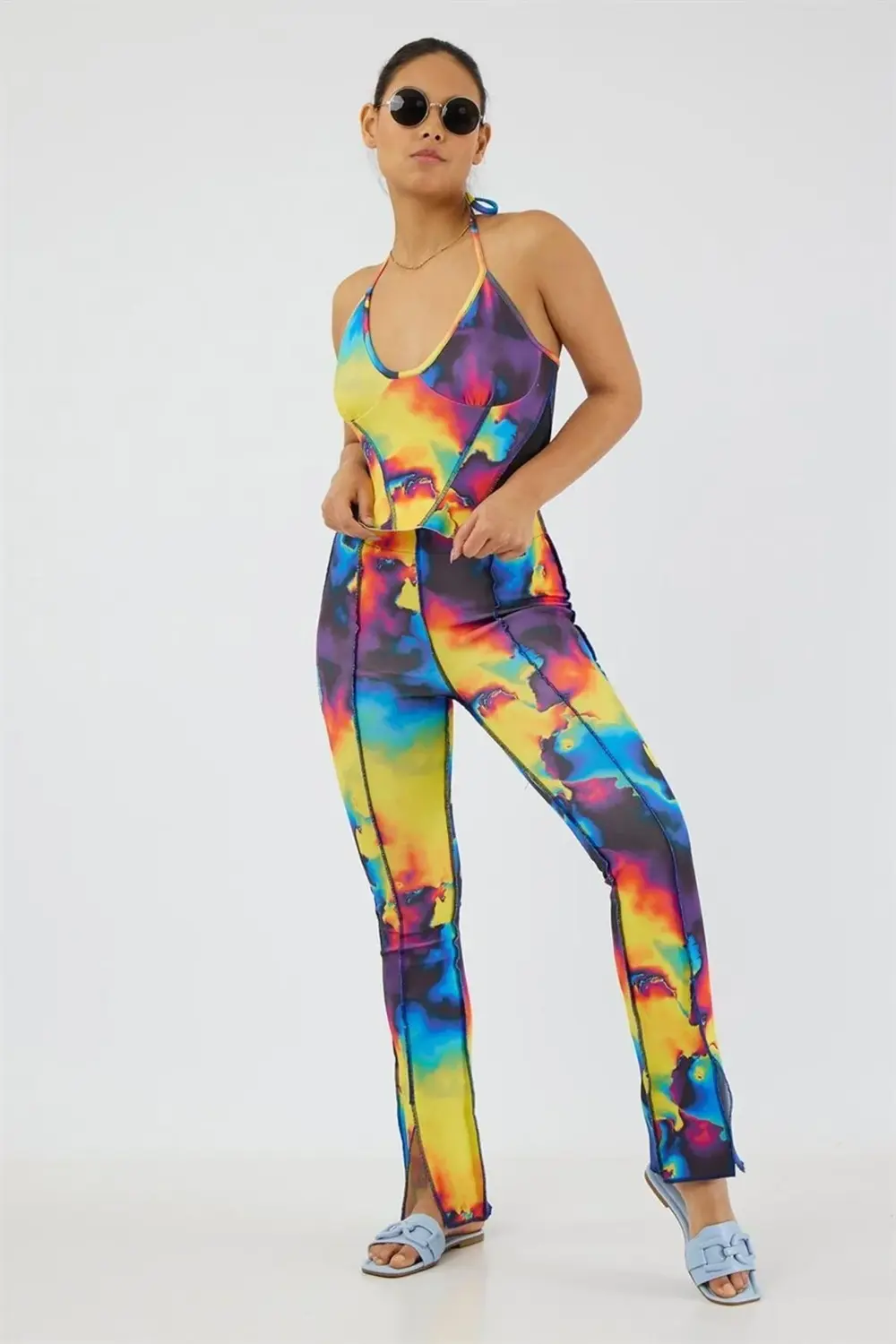 Lastikli Yüksek Bel Paçası Yırtmaçlı Ters Pis Dikiş Slimline Ispa