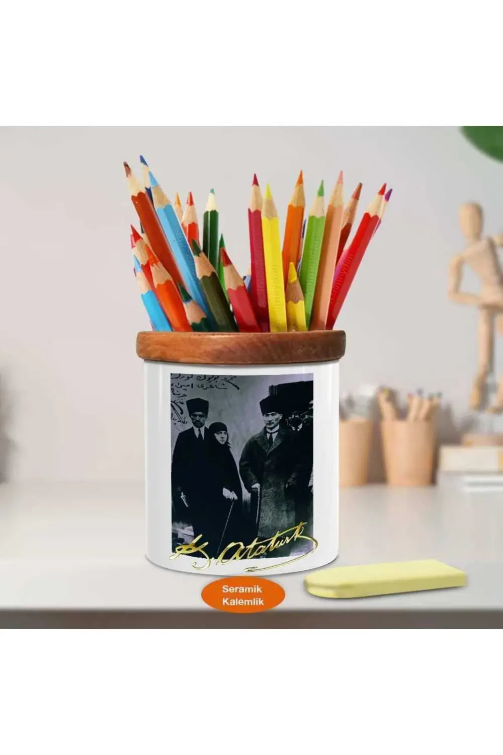 Latife Hanım Ve Kemal Paşa Ahşap Seramik Kalemlik - S6