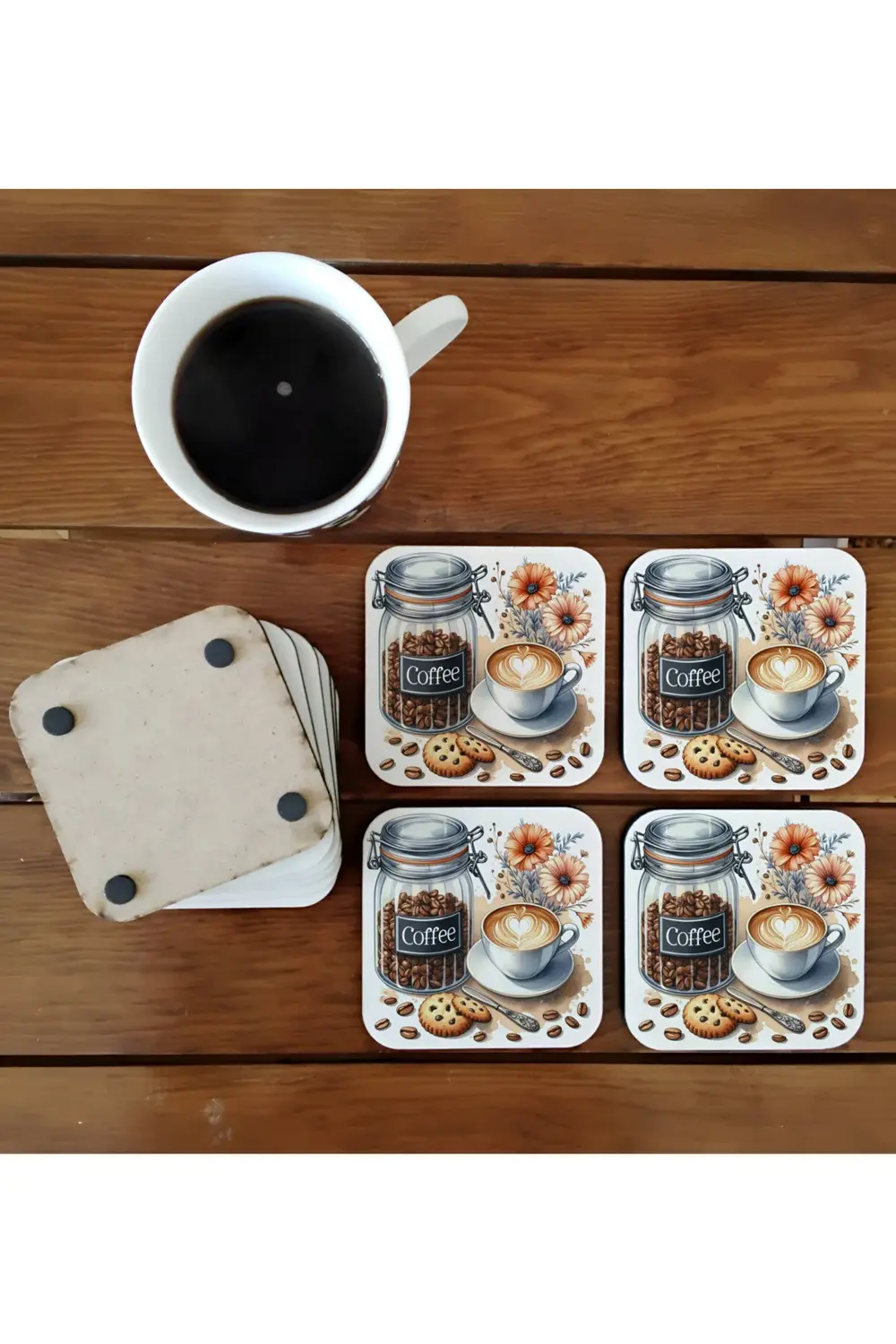 Latte ve kahve kavanozu mutfak için tasarım ahşap bardak altlığı