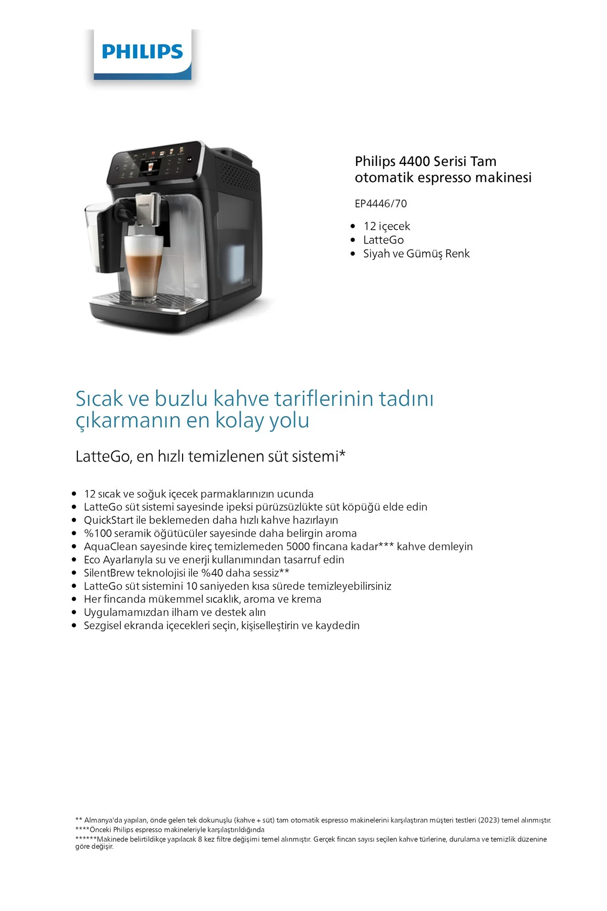 LatteGo Tam Otomatik Espresso Makinesi, 12 Sıcak ve Soğuk İçecek, Silent Brew, EP4446/70 - Görsel 2