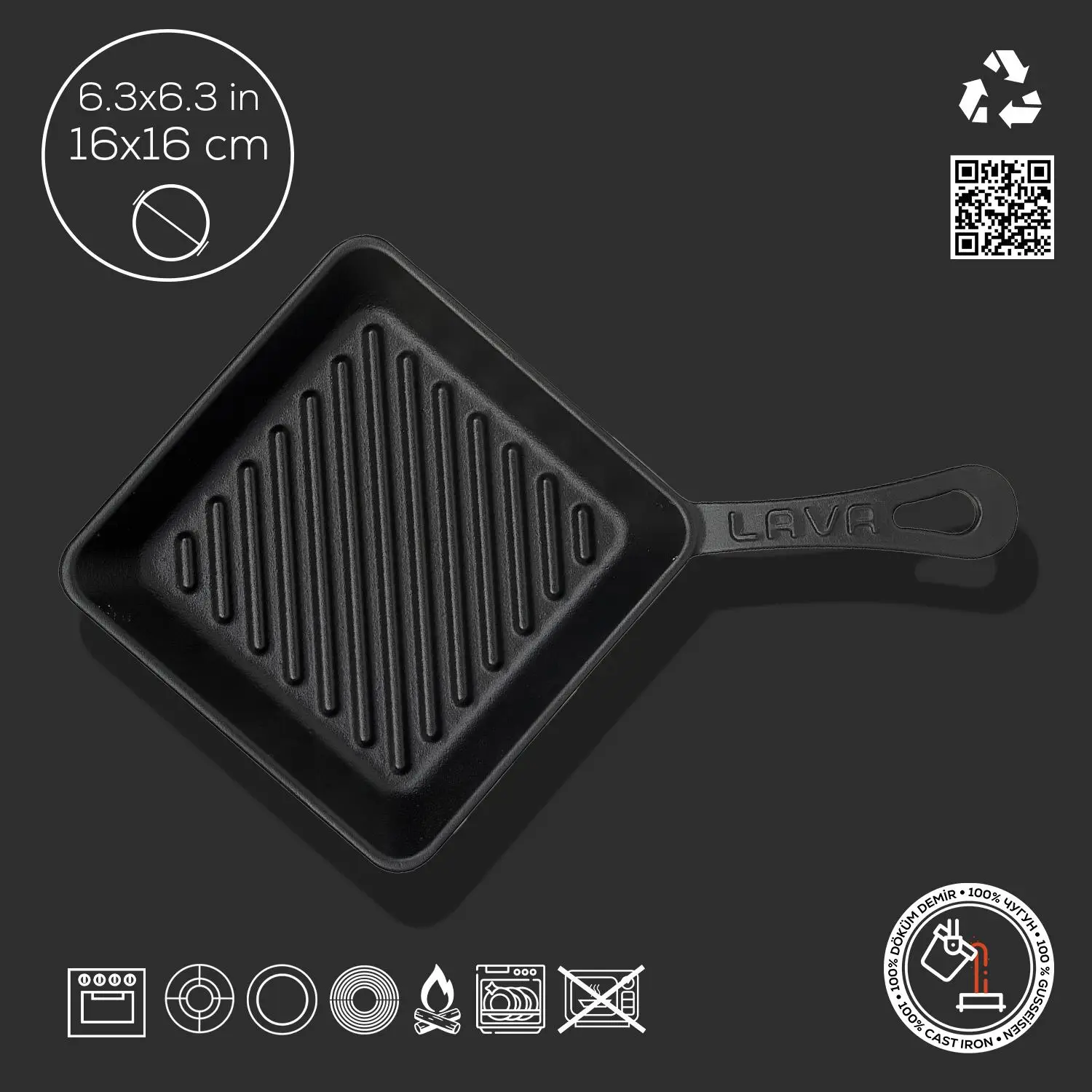 Lava Izgara Tavası Kare Siyah Mat 16 X 16 Cm Eco Lava Izgara Tavası Kare Siyah Mat 16 X 16 Cm Eco